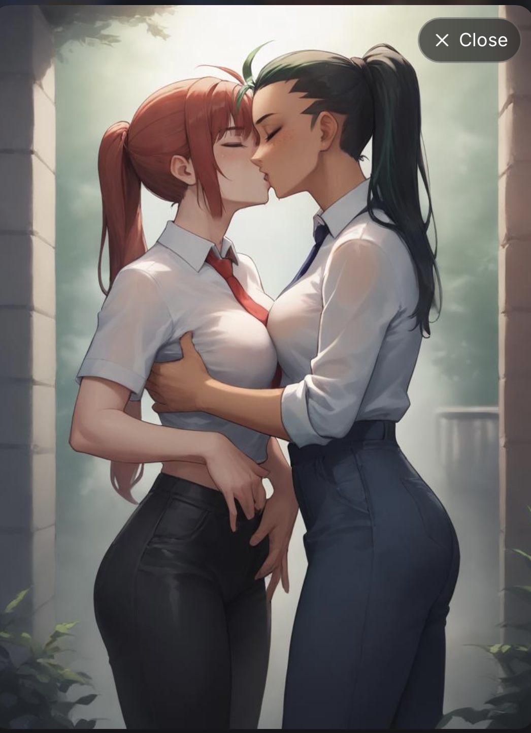 ai generated, boobs and butt pose, boobs pressed, breasts, business suit, business woman, chainsaw man, closed eyes, female, gay, kissing, lesbian couple, lesbian domination, lesbian focus, lesbian kiss, lesbian seduction, makima (chainsaw man), nemona (pokemon), pokemon, pokemon sv, tongue fucking, tongue kiss, white shirt, yuri