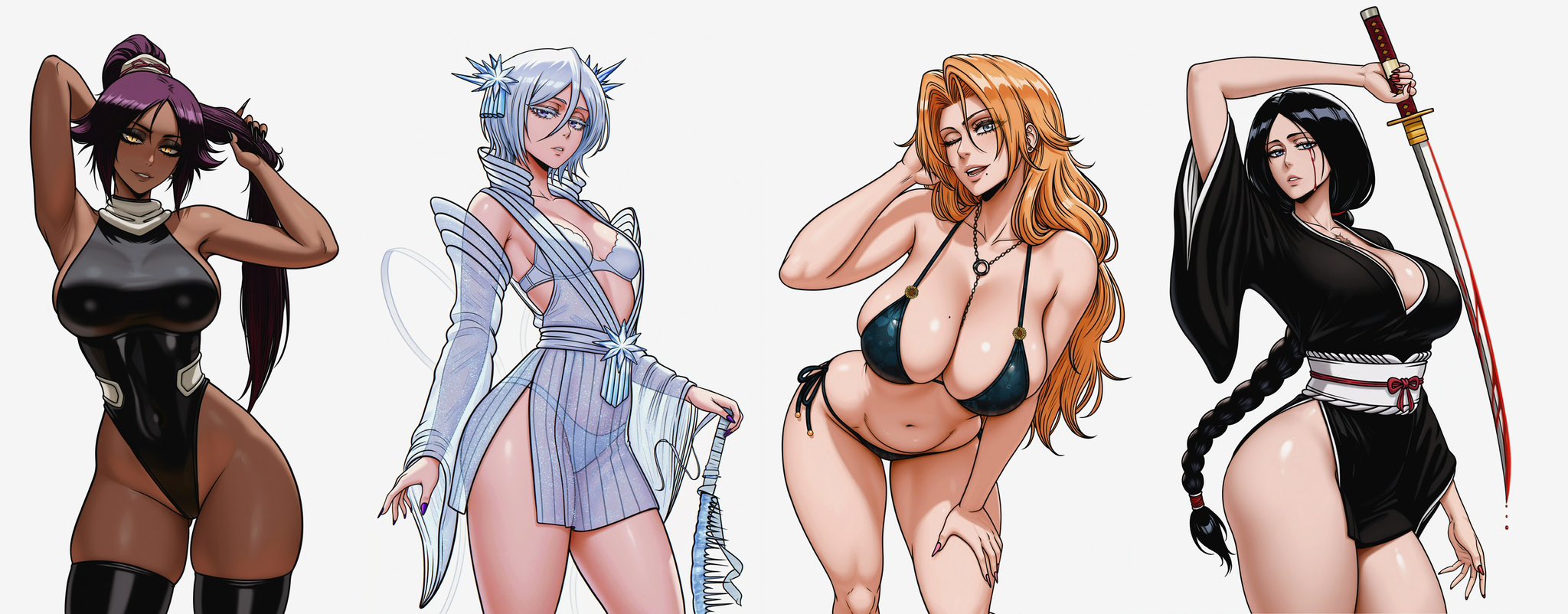 2d, 4girls, arm behind head, bankai rukia, bare shoulders, beauty mark, big breasts, bikini, black bikini, black hair, black leotard, black thighhighs, bleach, bleach: sennen kessen-hen, blood, blue eyes, breasts, chain necklace, chains, cleavage, collarbone, commentary, dark skin, dark-skinned female, english commentary, female, female only, hair ornament, hakka no togame (bankai), highleg leotard, highres, holding, holding sword, holding weapon, japanese clothes, jewelry, katana, kimono, kimono skirt, kuchiki rukia, large breasts, leotard, light skin, light-skinned female, long hair, matsumoto rangiku, medium hair, mole (marking), mole under mouth, multiple females, multiple girls, navel, necklace, one eye closed, orange hair, ponytail, prixmal, purple hair, see-through clothes, shihakusho, shihouin yoruichi, side-tie bikini bottom, simple background, skindentation, small breasts, sword, thighhighs, thighs, unohana retsu, weapon, white background, white hair, wink, yellow eyes, zanpakutou