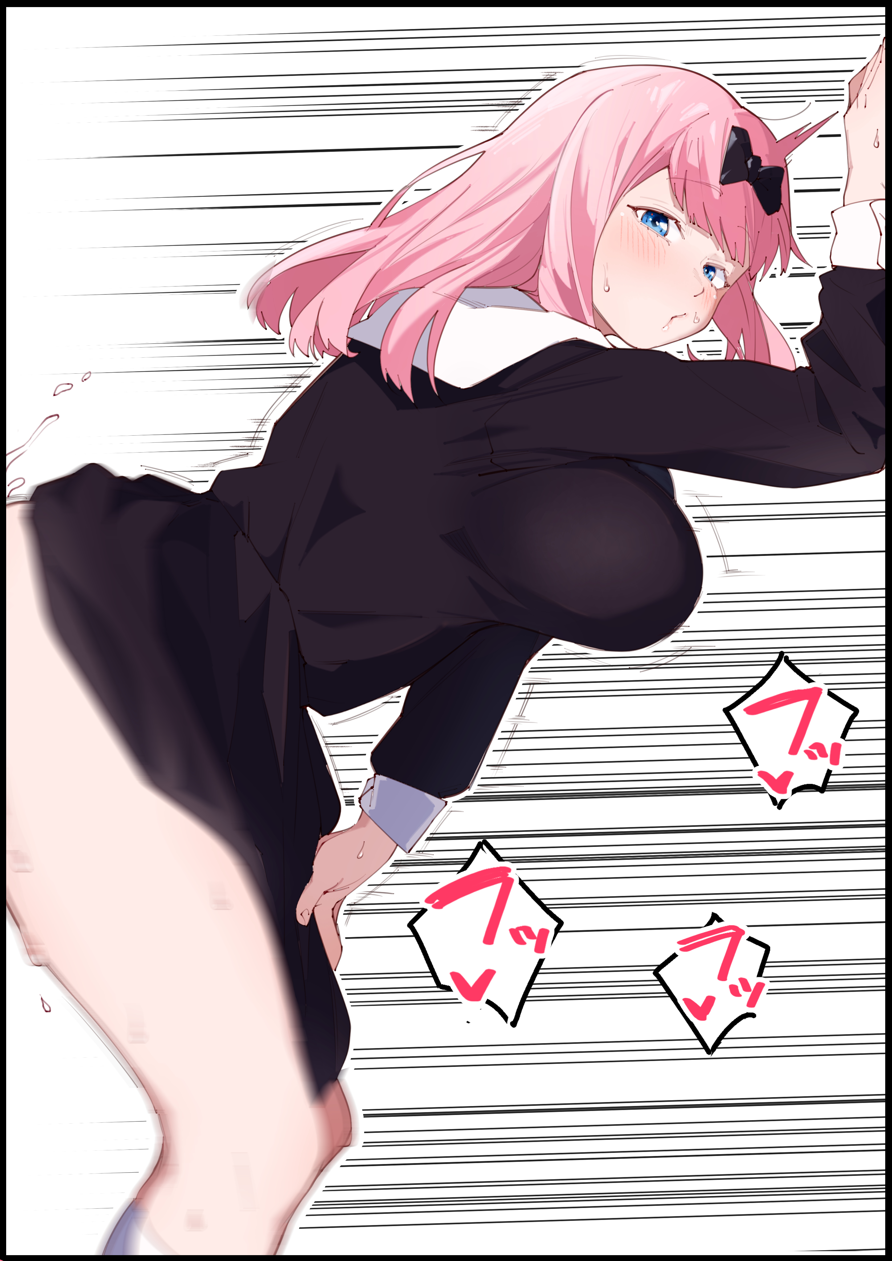 1girls, against wall, bent over, black border, black bow, black dress, blue eyes, blush, border, bottomless, bouncing breasts, bow, breasts, clothed sex, clothes lift, dress, dress lift, feet out of frame, female, from behind, from side, fujiwara chika, hair bow, highres, implied sex, kaguya-sama wa kokurasetai ~tensai-tachi no renai zunousen~, large breasts, long hair, long sleeves, looking at viewer, motion blur, motion lines, parted lips, pink hair, puckered lips, re:ankh, re:ankh (mrsz4523), school uniform, sex, sex from behind, shuuchiin academy school uniform, socks, sound effects, standing, suggestive fluid, sweat, thighs, white socks