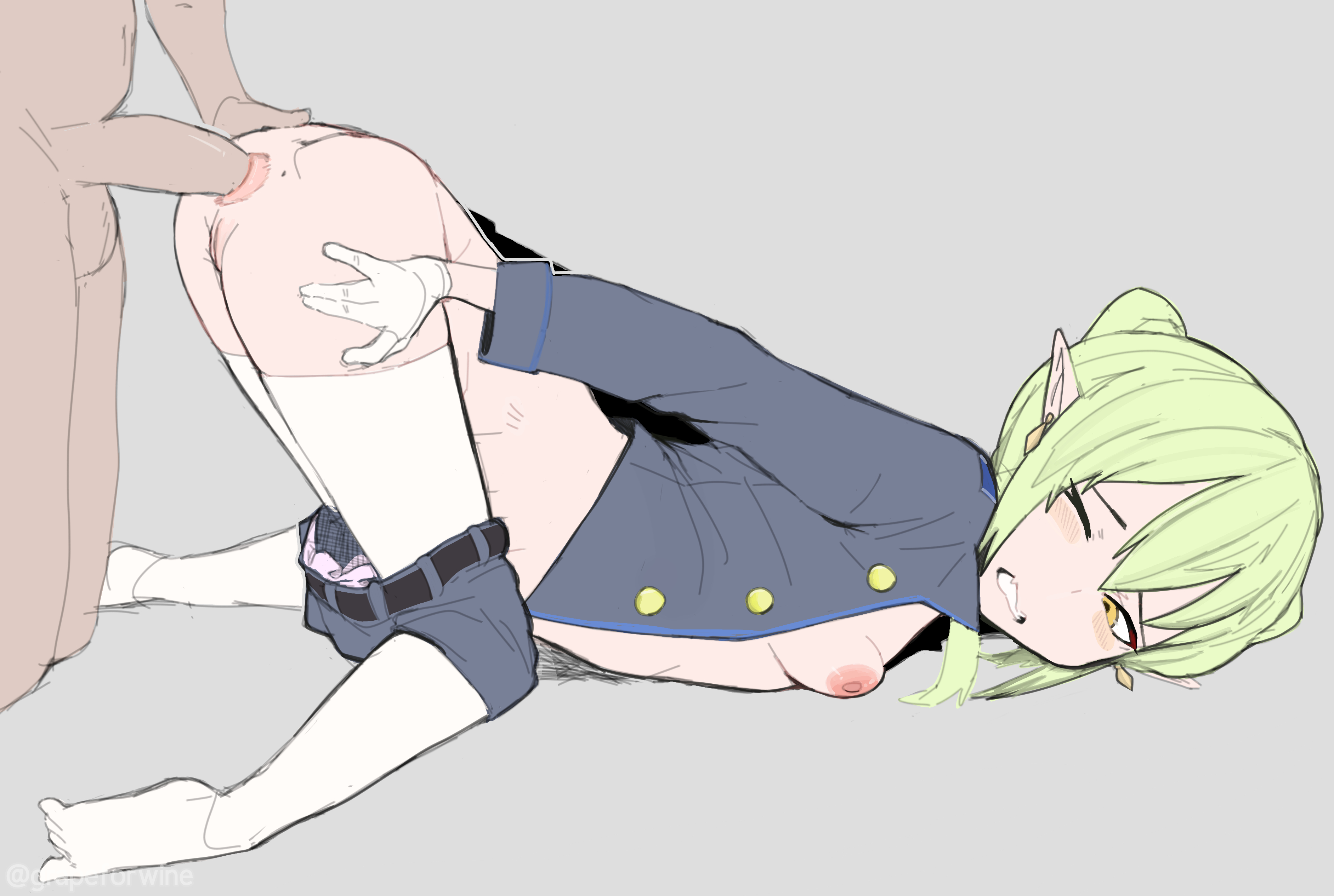 anal, anus, blue archive, breast press, breasts, breasts out, doggy style, drawn, elf, female, grapeforwine, green hair, nozomi (blue archive), panties, pussy, thighhighs, thighs, young