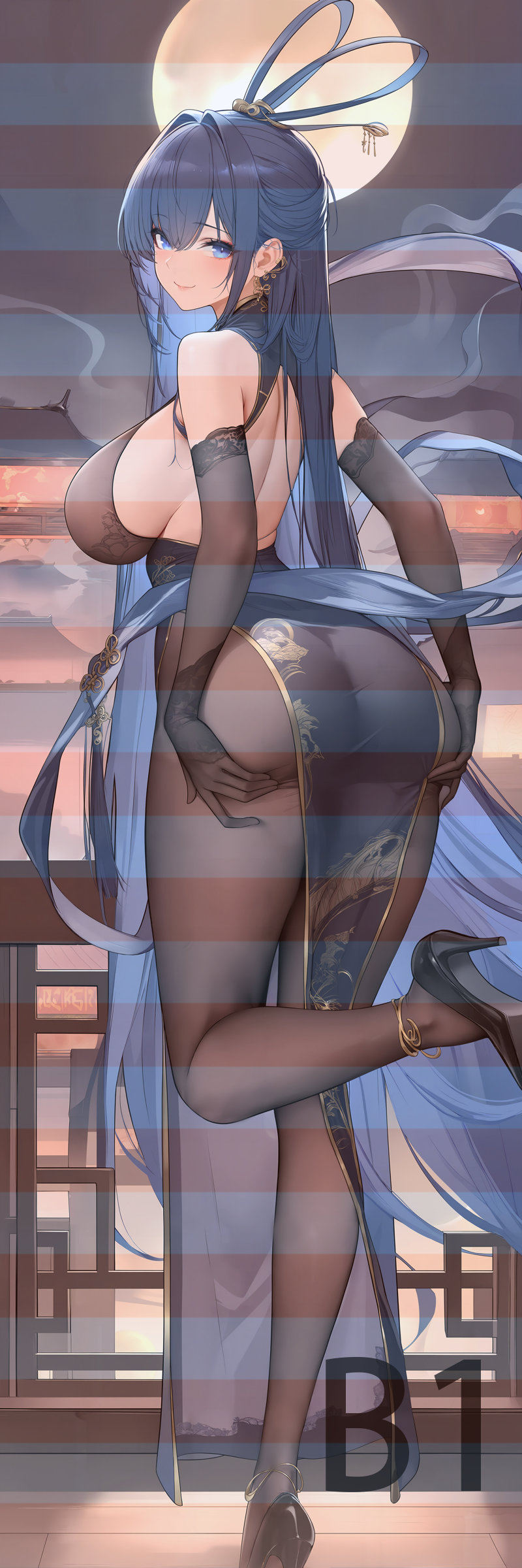 ass, azur lane, bare shoulders, black dress, black footwear, black gloves, black pantyhose, blue eyes, blue hair, blush, bodystocking, breasts, china dress, chinese clothes, closed mouth, dress, eagle union (azur lane), elbow gloves, female, from behind, full body, full moon, gloves, hair rings, high heels, jewelry, large breasts, long hair, looking at viewer, looking back, moon, new jersey (azur lane), new jersey (dancing in the moonlight) (azur lane), pantyhose, sideboob, smile, solo, standing, standing on one leg, thighs, very long hair