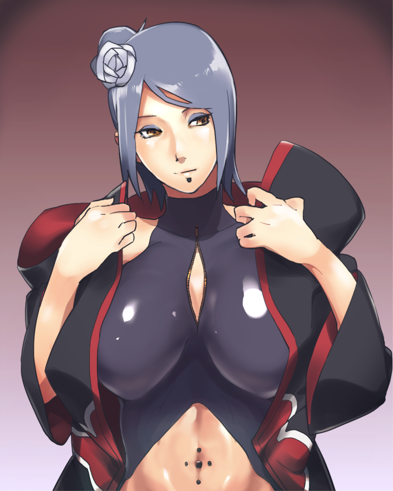 1girls, akatsuki (naruto), black dress, blue hair, breasts, chin piercing, cleavage, closed mouth, clothed, clothed female, clothing cutout, coat, dress, eyeliner, eyeshadow, female, female only, flower, flower in hair, hair flower, hair ornament, konan, labret piercing, large breasts, light skin, light-skinned female, looking to the side, makeup, mascara, midriff, naruto, naruto (series), naruto shippuden, navel, navel cutout, navel piercing, open clothes, open coat, orange eyes, piercing, shiny, shiny hair, shiny skin, short hair, shounen jump, skin tight, smile, solo, solo focus, soyaka, undressing, upper body, zipper pull tab