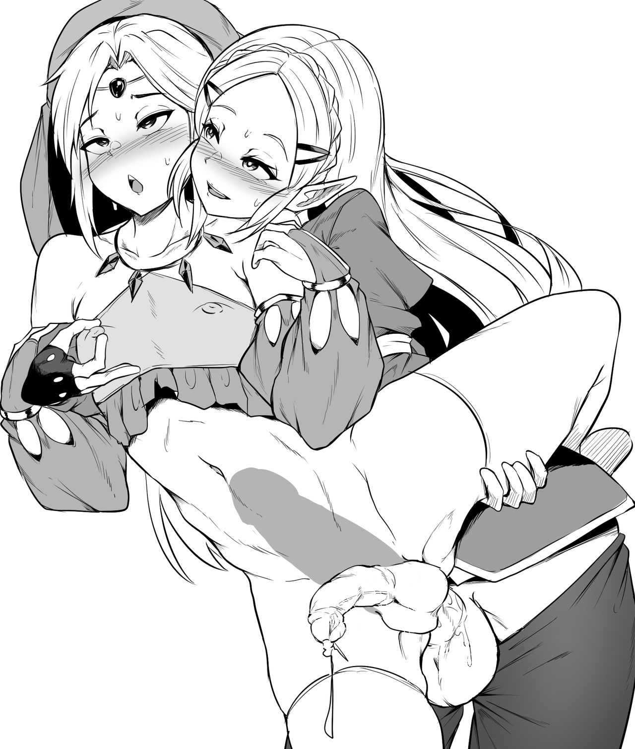 1boy, 1futa, anal, anal sex, balls, big penis, blush, breath of the wild, bridal gauntlets, canon crossdressing, clothed, clothing, crossdressing, cum while penetrated, cute male, decensored, duo, erection, female, femboy, feminine male, futa is bigger, futa on male, futadom, futanari, gerudo link, gerudo sirwal, gerudo top, gerudo veil, girly, huge cock, human, hylian, hylian ears, intersex, leg up, link, makin tama, male, male penetrated, monochrome, mostly clothed, mostly nude, nintendo, nipple tweak, penis, penis size difference, pointy ears, precum, princess zelda, rolling eyes, sex, standing, the legend of zelda, thighhighs, trap, x-ray, zelda (breath of the wild)
