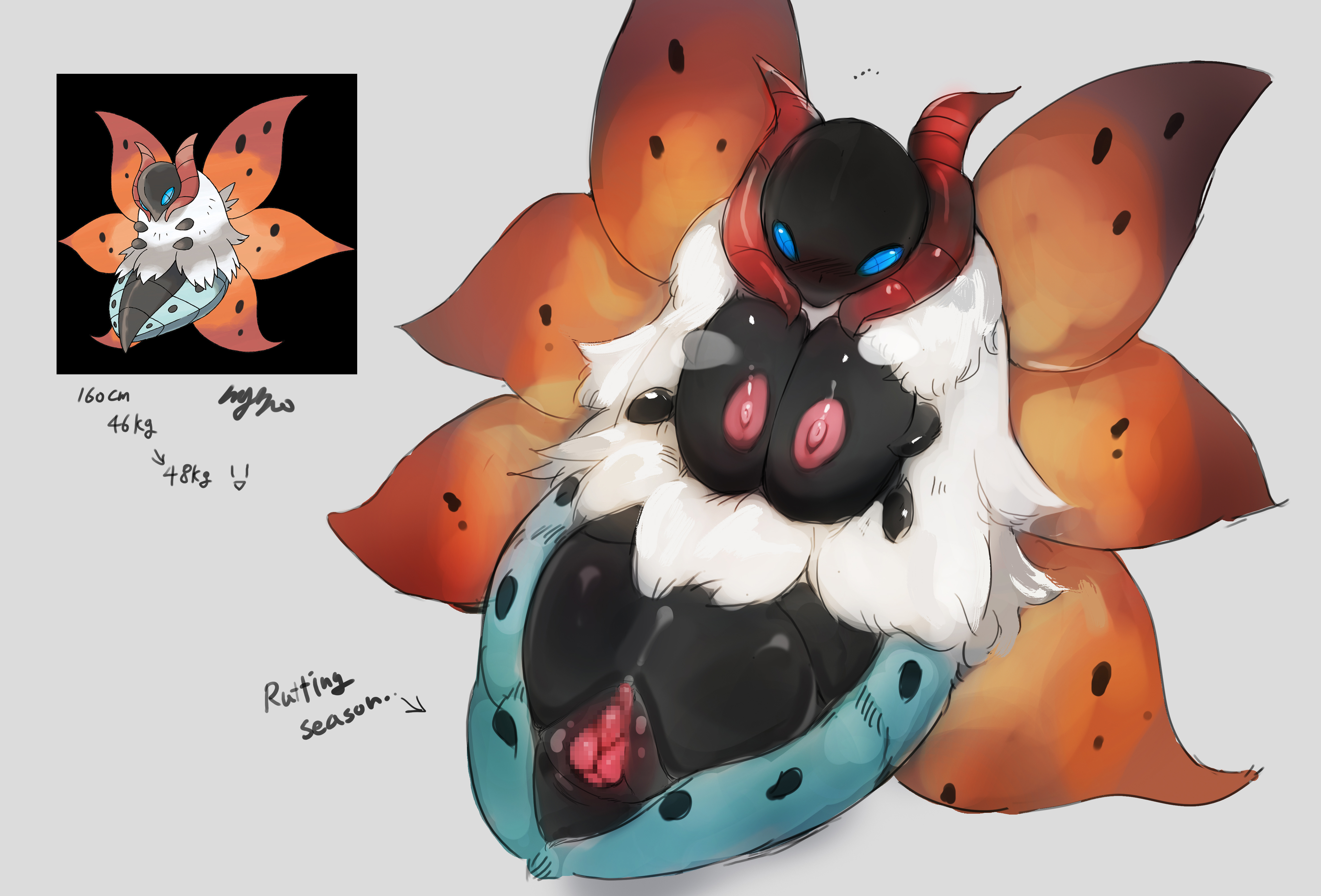 ..., absurd res, animal genitalia, arthropod, arthropod abdomen, arthropod abdomen cloaca, arthropod abdomen genitalia, blush, breasts, busty feral, censored, cloaca, female, feral, genitals, hi res, insects, lepidopteran, menyang, more at source, my700, nintendo, non-mammal breasts, pokemon, pokemon (species), pussy, simple background, solo, video games, volcarona