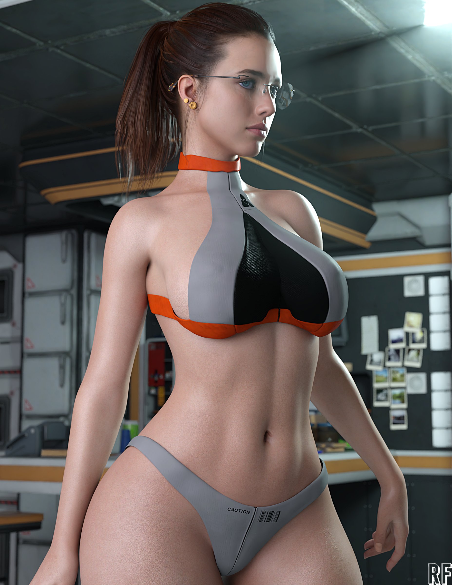 1girls, 3d, blue eyes, brown hair, death stranding, earrings, female, female only, glasses, light skin, light-skinned female, mama (death stranding), margaret qualley, navel, nipples visible through clothing, ponytail, rude frog, solo, tied hair, underwear