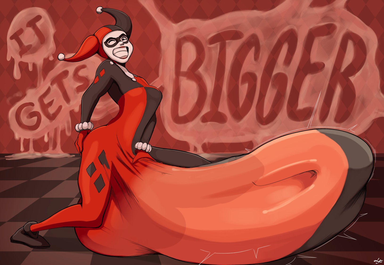 1futa, balls, batman (series), batman: the animated series, big breasts, bodysuit, breasts, bulge, clenched teeth, clothed, clothing, cum, cum in clothes, cumshot, dc, dc comics, dcau, ejaculation, erection, erection under clothes, footwear, futa only, futanari, genitalwear, handwear, harley quinn, harley quinn (classic), headwear, huge balls, huge testicles, human, hyper, hyper balls, hyper penis, intersex, large breasts, lucy fuchs, penis, penis bigger than body, penis under clothes, smile, solo, testicles, underboob