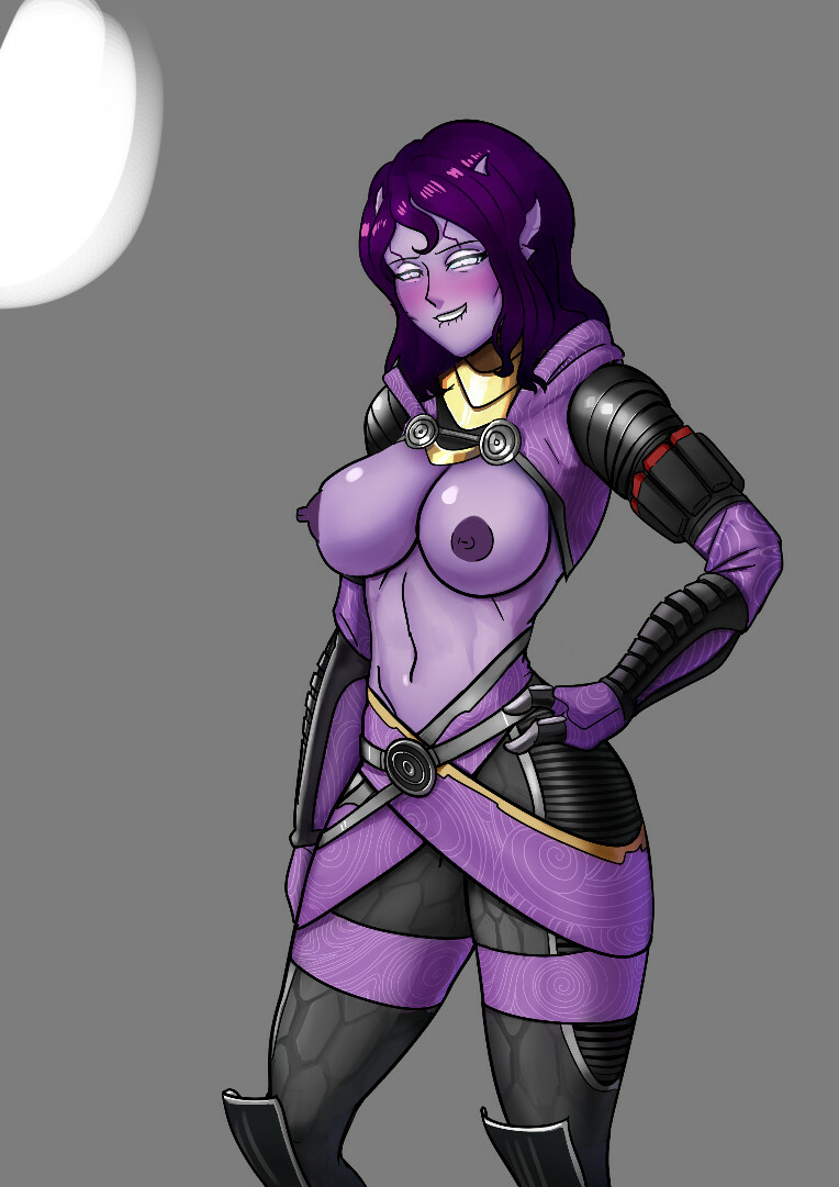 alien girl, alternate version available, bathsalts1, biting lip, blushing, bodysuit, breasts, female, glowing eyes, looking at viewer, mass effect, purple skin, quarian, skintight bodysuit, tali'zorah nar rayya, thick thighs, wide hips