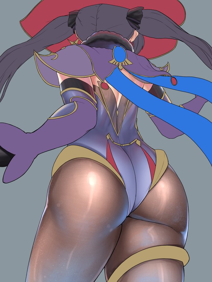 1girls, ass, cape, clothed, clothing, female, finalcake, genshin impact, hat, long hair, mona (genshin impact), purple hair, solo, twintails, white skin, wip, work in progress