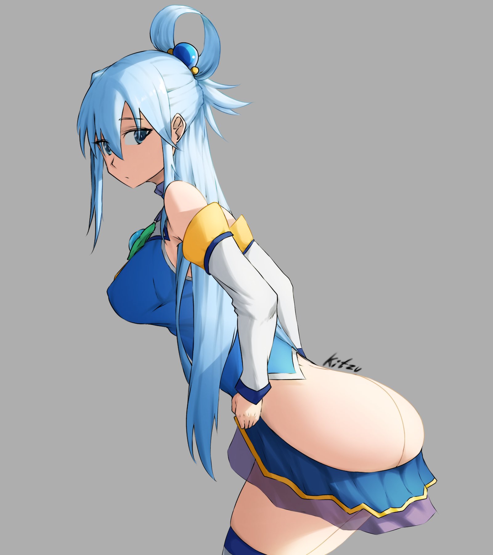 1girls, aqua (konosuba), aqua eyes, aqua hair, armwear, artist name, ass, ass crack, ass focus, bangs, bare ass, bare shoulders, bent over, big ass, big breasts, breasts, butt crack, clothed, clothed female, clothing, detached sleeves, dress, female, female only, goddess, grey background, kitzu art, kono subarashii sekai ni shukufuku wo!, legwear, light skin, light-skinned female, long hair, matching hair/eyes, mooning, no panties, pinup, presenting, presenting ass, round ass, shiny, shiny hair, shiny skin, side view, sideboob, sidelocks, simple background, skirt, skirt down, skirt pull, solo, solo focus, standing, text, thighhighs, tied hair, watermark