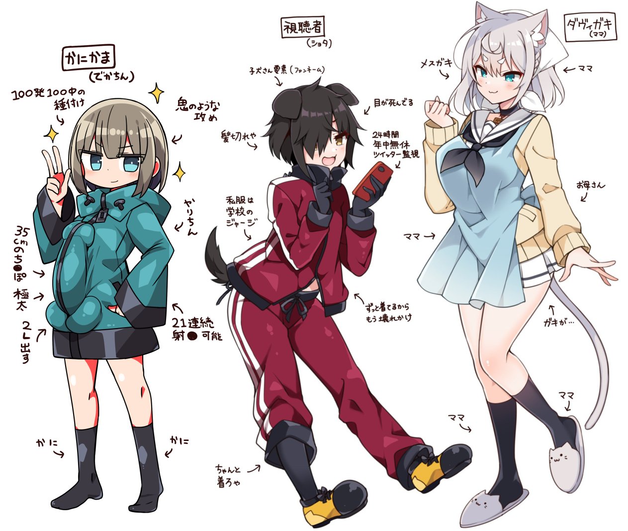 :3 animal_ear_fluff animal_ears aqua_eyes aqua_jacket arrow_(symbol) black_gloves black_hair breasts brown_eyes brown_hair bulge cardigan cat_ears cat_girl cat_slippers cat_tail cellphone collar davi_artman dog_ears dog_tail erection erection_under_clothes gloves hair_over_one_eye hand_on_hip huge_cock indie_virtual_youtuber jacket kanikama kanikama_(character) kerchief large_breasts miniskirt no_shoes original penis phone school_uniform serafuku skirt slippers smartphone smile sparkle tail translation_request virtual_youtuber w