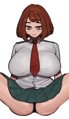 big breasts, breasts, female, my hero academia, ochako uraraka, school uniform, skirt, spread legs, thick thighs