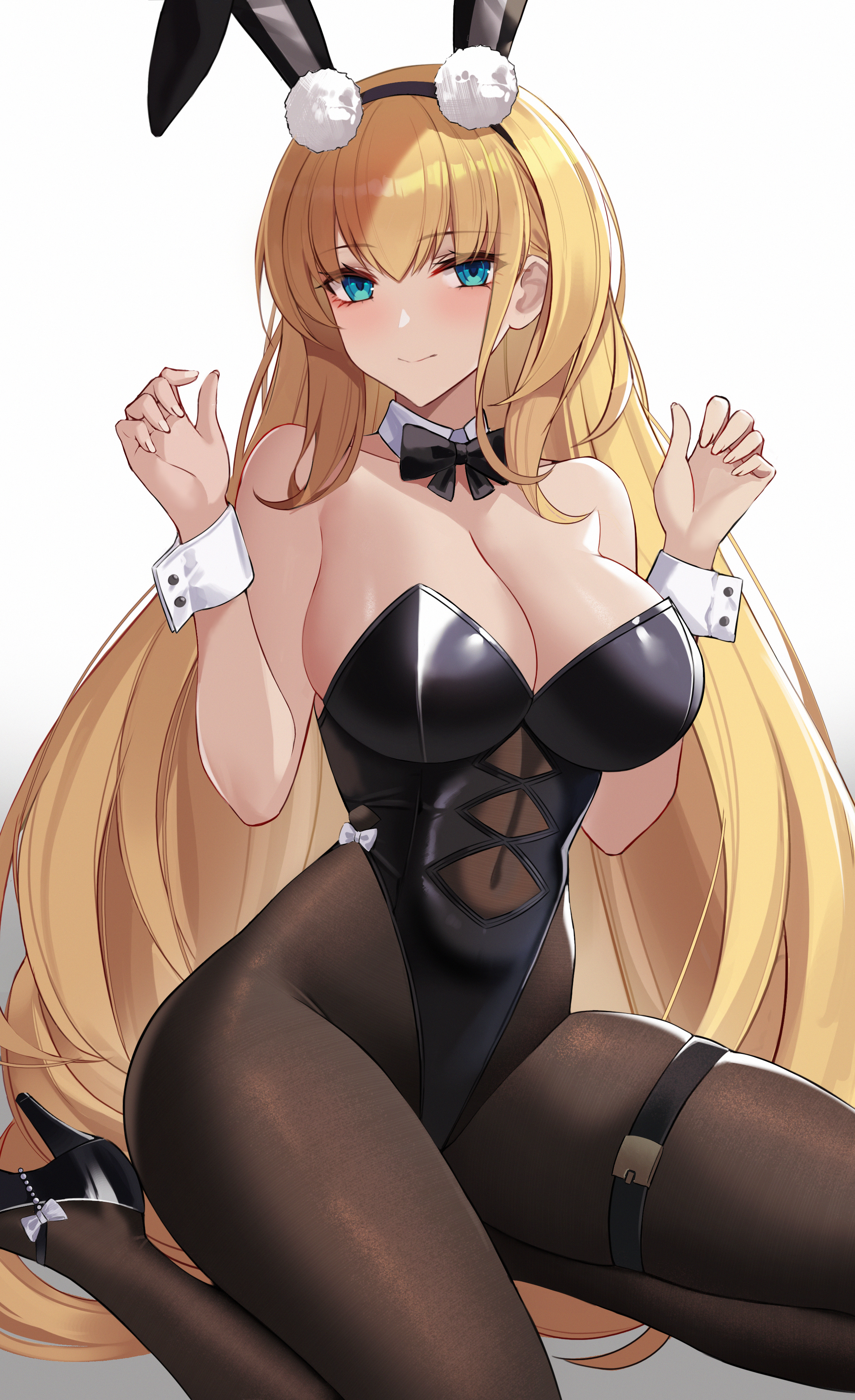 1girls, azur lane, bangs, big breasts, blonde hair, blue eyes, breasts, bunny girl, bunnysuit, cleavage, eternity (shadeh), female, female only, highres, long hair, looking at viewer, north carolina (azur lane), sidelocks, sitting, very long hair, white background