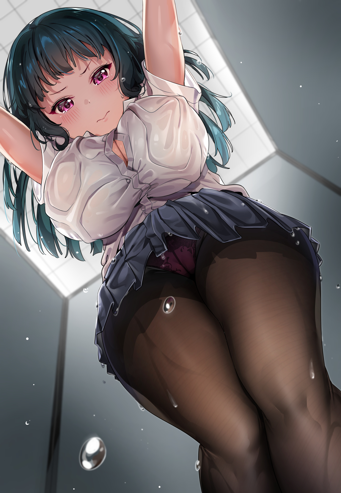 1girls, blue hair, female, love live!, love live! sunshine!!, panties, panties under pantyhose, pantyhose, purple eyes, tears, tem10, tsushima yoshiko, wet clothes