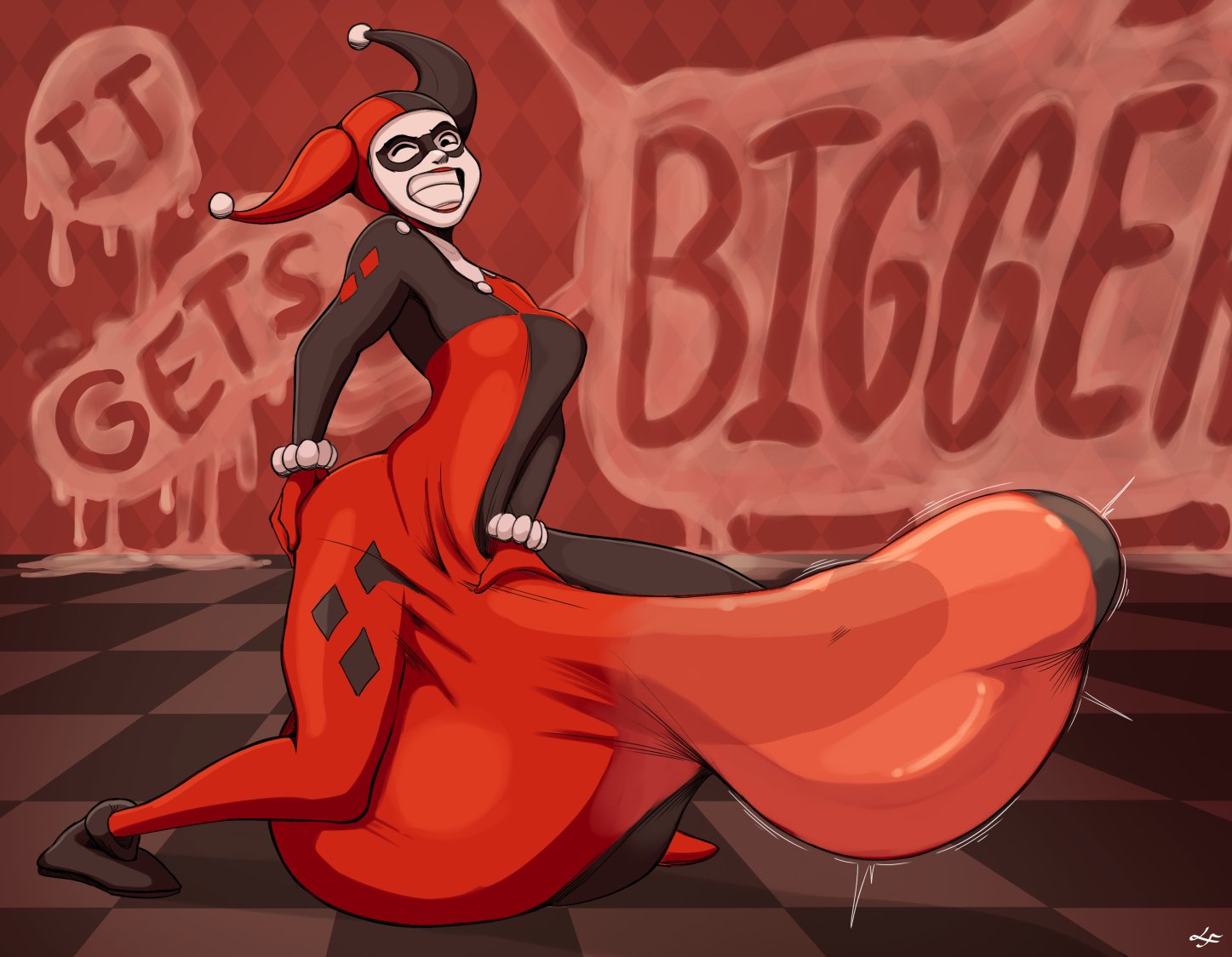1futa, balls, batman (series), batman: the animated series, big breasts, bodysuit, breasts, bulge, clenched teeth, clothed, clothing, cum, cum in clothes, cumshot, dc, dc comics, dcau, erection, erection under clothes, footwear, fully clothed, futa only, futanari, genitalwear, handwear, harley quinn, harley quinn (classic), headwear, huge balls, huge testicles, human, hyper, hyper balls, hyper penis, intersex, large breasts, lucy fuchs, penis, penis under clothes, smile, solo, testicles, underboob