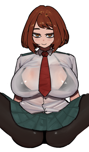 big breasts, blush, bra, breasts, female, my hero academia, ochako uraraka, school uniform, see-through, see-through clothing, smile, thick thighs, tie, wet, wet clothes