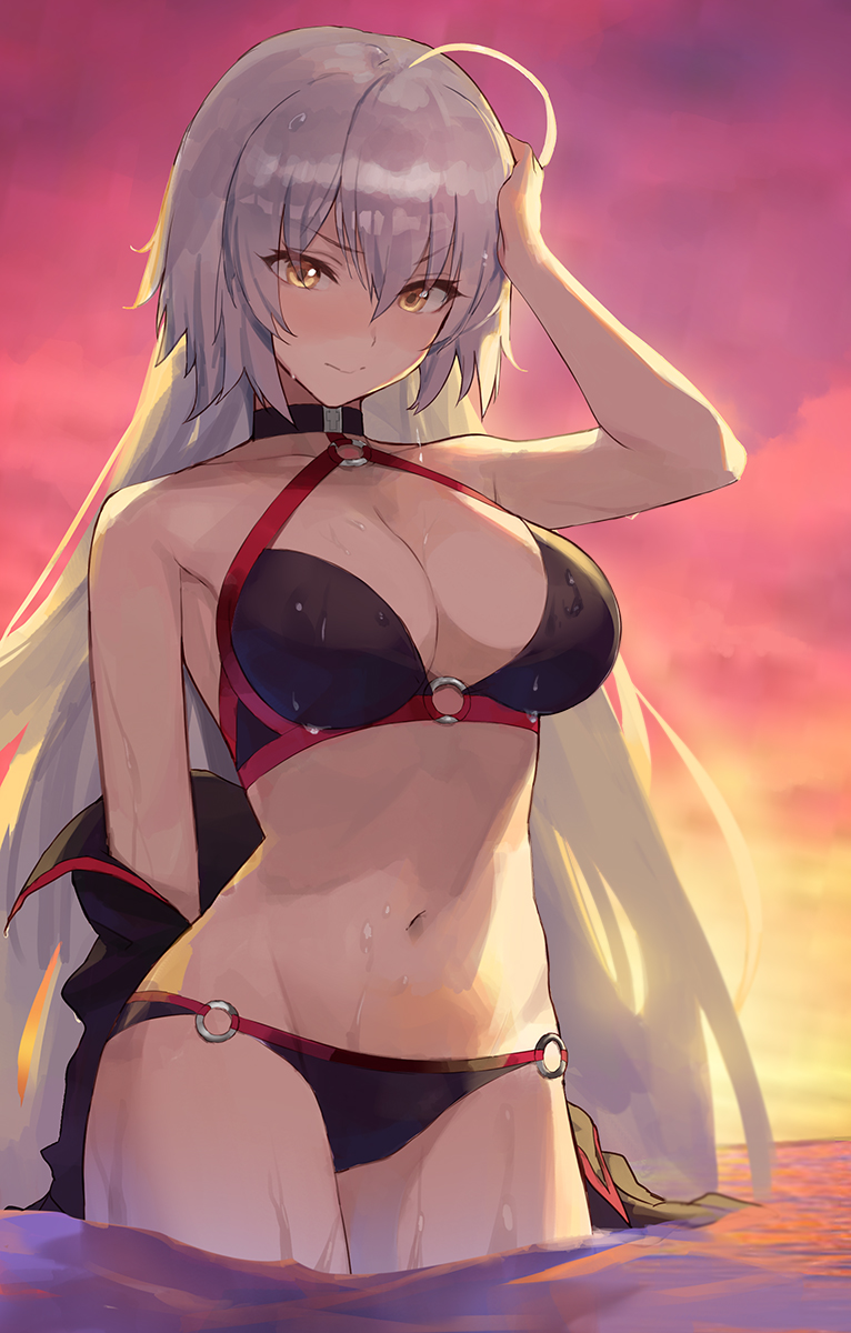 1girls, beach, big breasts, breasts, female, jeanne alter, jeanne alter (swimsuit berserker), jeanne d'arc (fate), seon, standing in water, thick thighs, wet, wet body, wet hair, white hair, yellow eyes