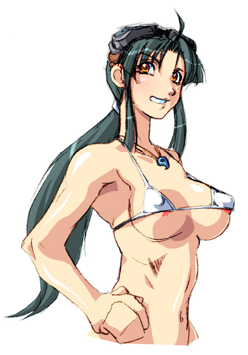 1girls amber_eyes areola_slip arikawa armpit_peek bikini breasts cleavage erect_nipples_under_clothes female female_only goggles grey_hair grin hand_on_hip large_breasts long_hair looking_at_viewer micro_bikini navel necklace psikyo sengoku_ace smile solo togashi_koyori white_bikini