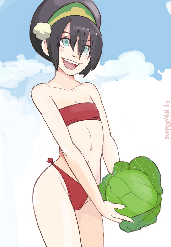 1girls avatar_the_last_airbender bare_shoulders beach bikini bikini_bottom black_hair blind blush cabbage clouds cowboy_shot cute earth_kingdom female female_focus female_only flat_chest green_eyes hair_accessory hair_between_eyes hair_bun holding_object midriff navel nickelodeon open_mouth outside petite red_bikini red_swimsuit short_black_hair signature skinny sky small_breasts smile solo solo_female solo_focus sooperman standing straight_hair swimsuit tomboy toph_bei_fong true_flat_chest tubetop young