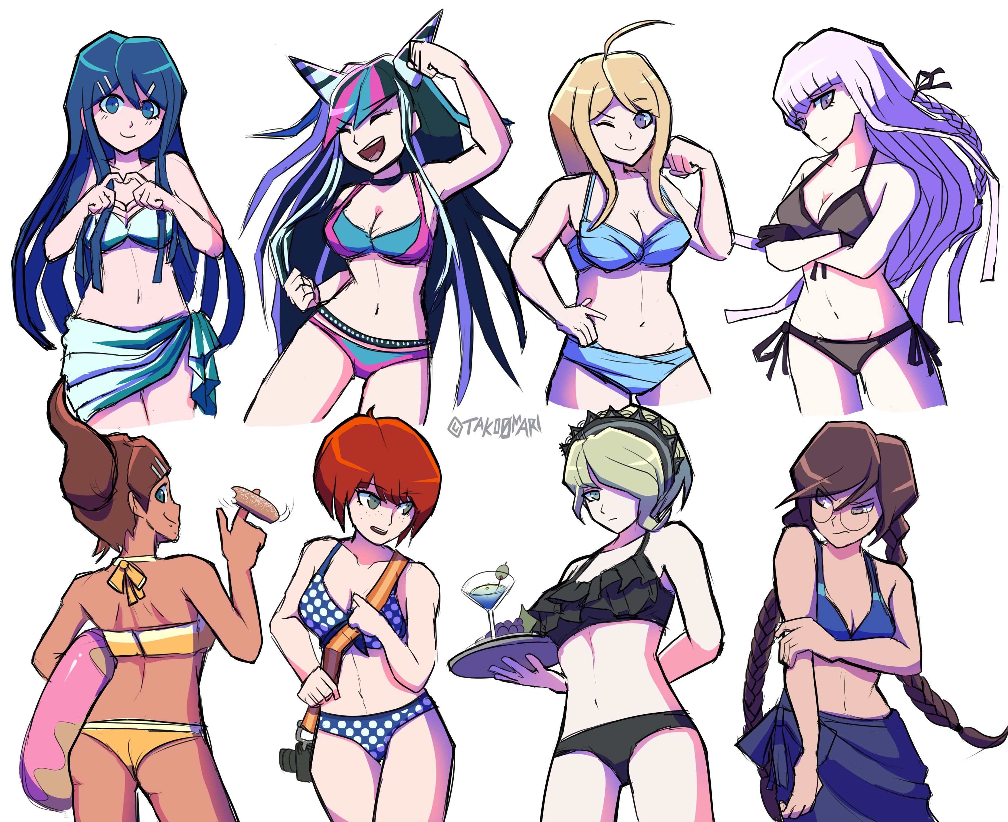 6+girls, 8girls, akamatsu kaede, asahina aoi, big breasts, black hair, blonde hair, blue eyes, blue hair, breasts, brown hair, danganronpa, danganronpa 2: goodbye despair, danganronpa s: ultimate summer camp, danganronpa v3, danganronpa: trigger happy havoc, dark skin, dark-skinned female, donut, female, female only, fukawa toko, glasses, gloves, green eyes, green hair, horns, kirigiri kyoko, koizumi mahiru, lavender hair, long hair, looking at viewer, maid, maizono sayaka, medium breasts, mioda ibuki, multiple females, multiple girls, purple eyes, red hair, short hair, small breasts, straight hair, swimsuit, take your pick, tako0mari, toujou kirumi