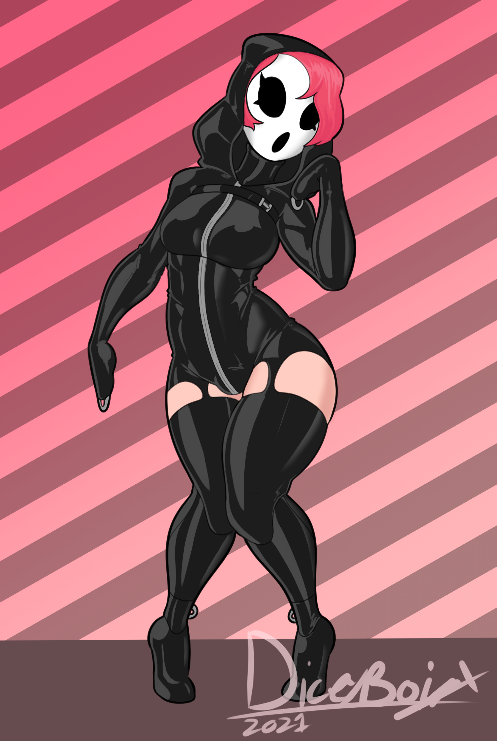 1girls, badbitchdicey, belt, bondage, diceyboi, female, female only, garter belt, high heels, hood, hoodie, latex, latex boots, latex gloves, latex suit, mario (series), mask, nintendo, pink hair, rubber, rubber suit, shiny, short hair, shy gal, skin tight, solo, thighhighs, zipper