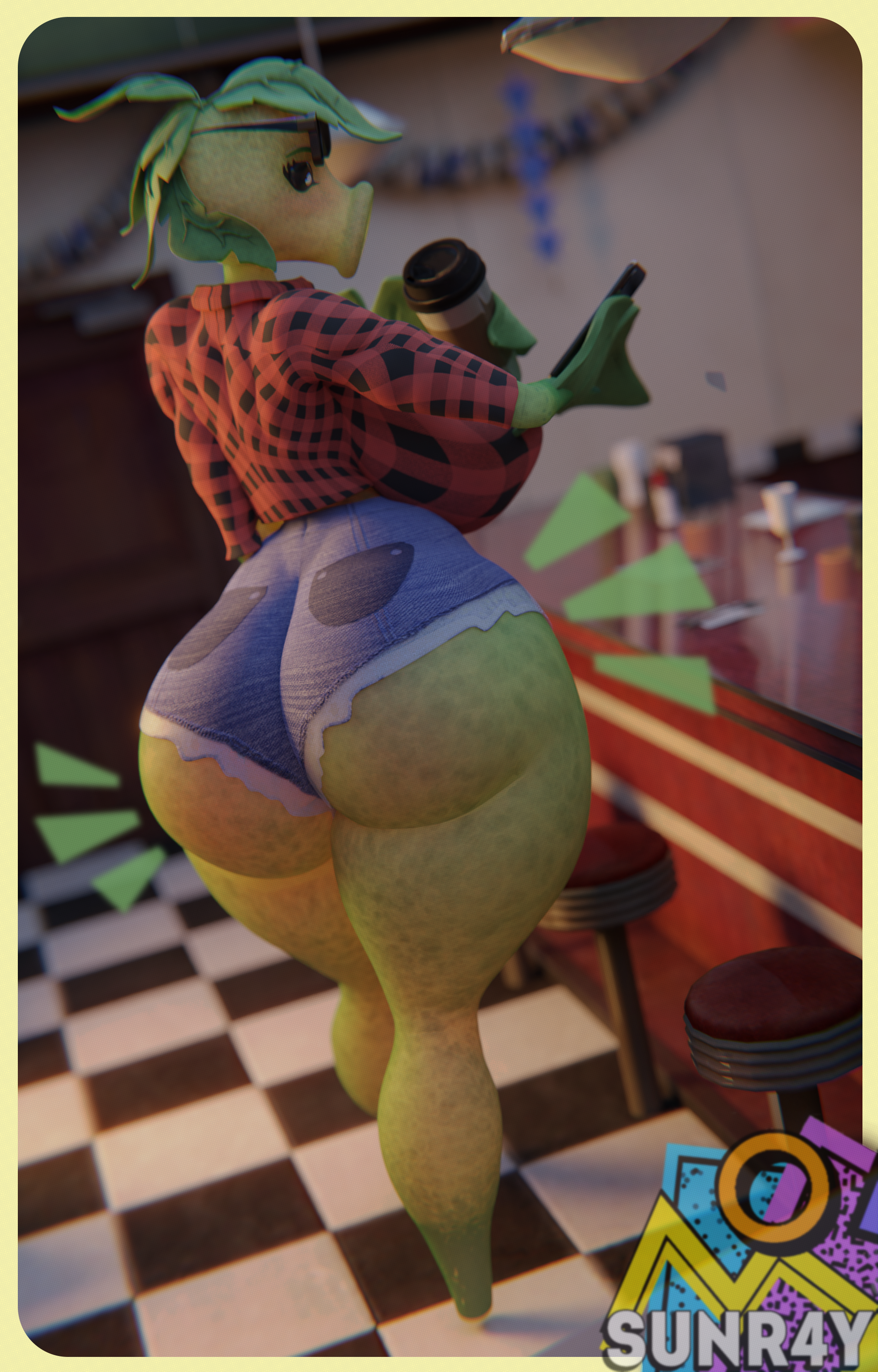 ass, ass focus, breasts, coffee, female, gigantic breasts, green skin, huge ass, huge breasts, hyper, hyper breasts, open mouth, peashooter (pvz), plaid, plant, plantie, plants vs zombies, plump ass, shorts, smartphone, sunr4y, sunr4y w0rksh0p, video games