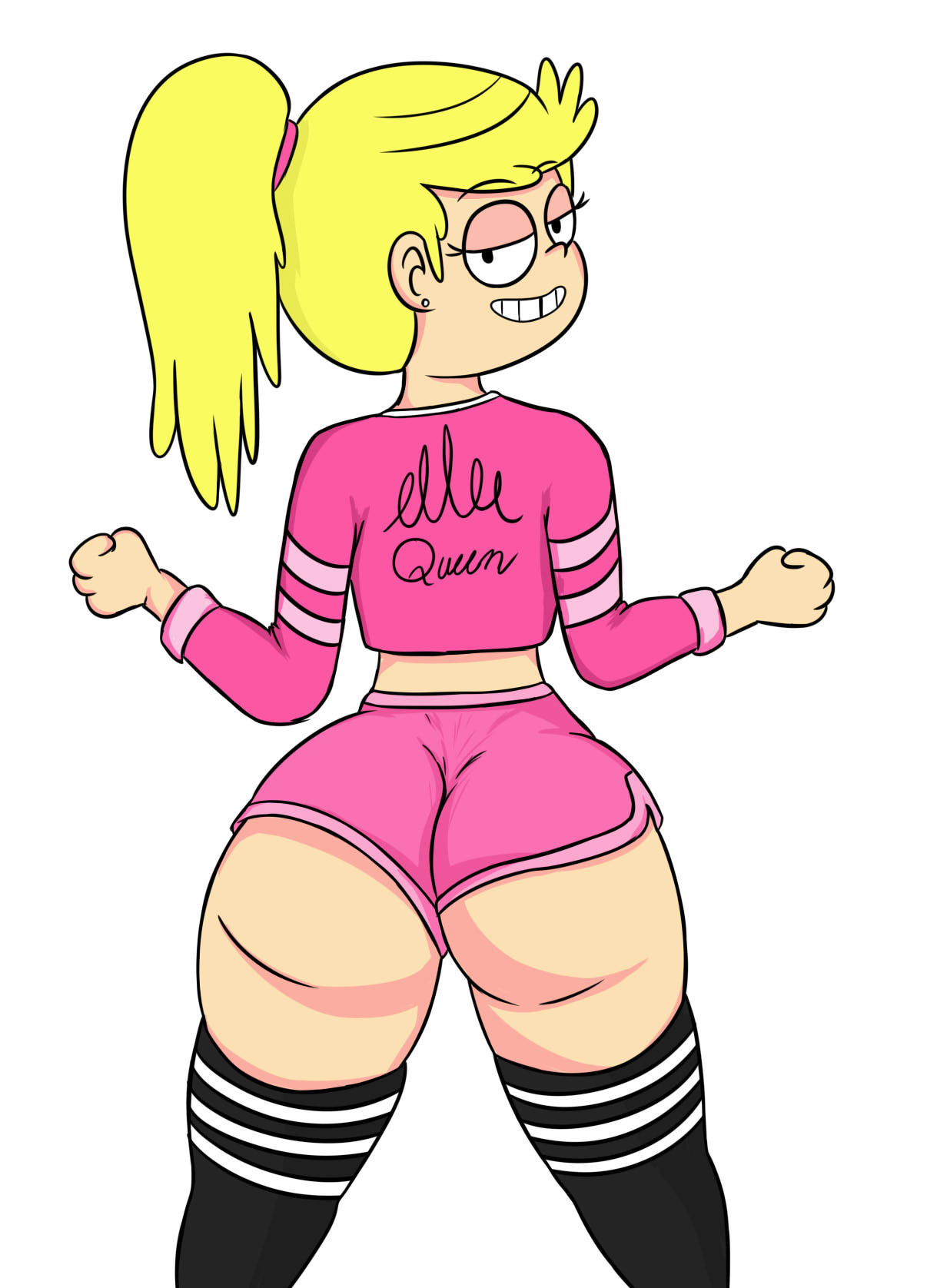 1girls, aged up, artist request, ass, big ass, black eyes, blonde hair, booty shorts, buruma, cute, female, female only, lola loud, looking at viewer, looking back, shorts, solo, source request, sweater, tagme, text on clothing, the loud house, thighhighs, tooth gap