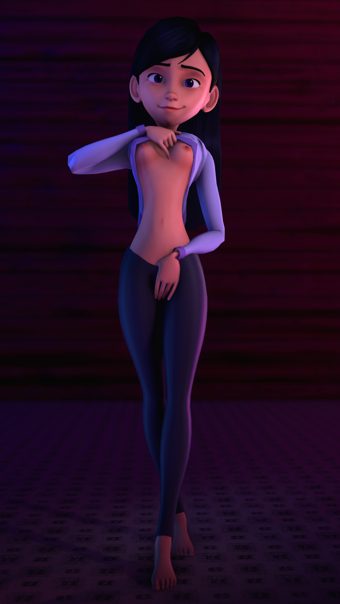 1girls, 3d, breasts, clothed, disney, female, kaegantonovich, looking at viewer, nipples, pixar, smile, smooth skin, solo, teeth, the incredibles, violet parr
