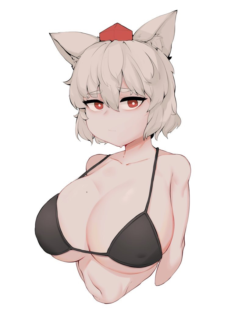 1girls animal_ear_fluff animal_ears animal_humanoid bad_id bad_pixiv_id bangs bare_shoulders big_breasts bikini breast_focus breasts bright_pupils cleavage closed_mouth collarbone covered_nipples cropped_torso doro_au female grey_hair hair_between_eyes hat kemonomimi large_breasts looking_at_viewer mole mole_on_breast momiji_inubashiri navel red_eyes red_headwear short_hair simple_background solo solo_focus sweat swimsuit tagme tokin_hat touhou upper_body white_background white_hair white_pupils wolf_ears wolf_girl