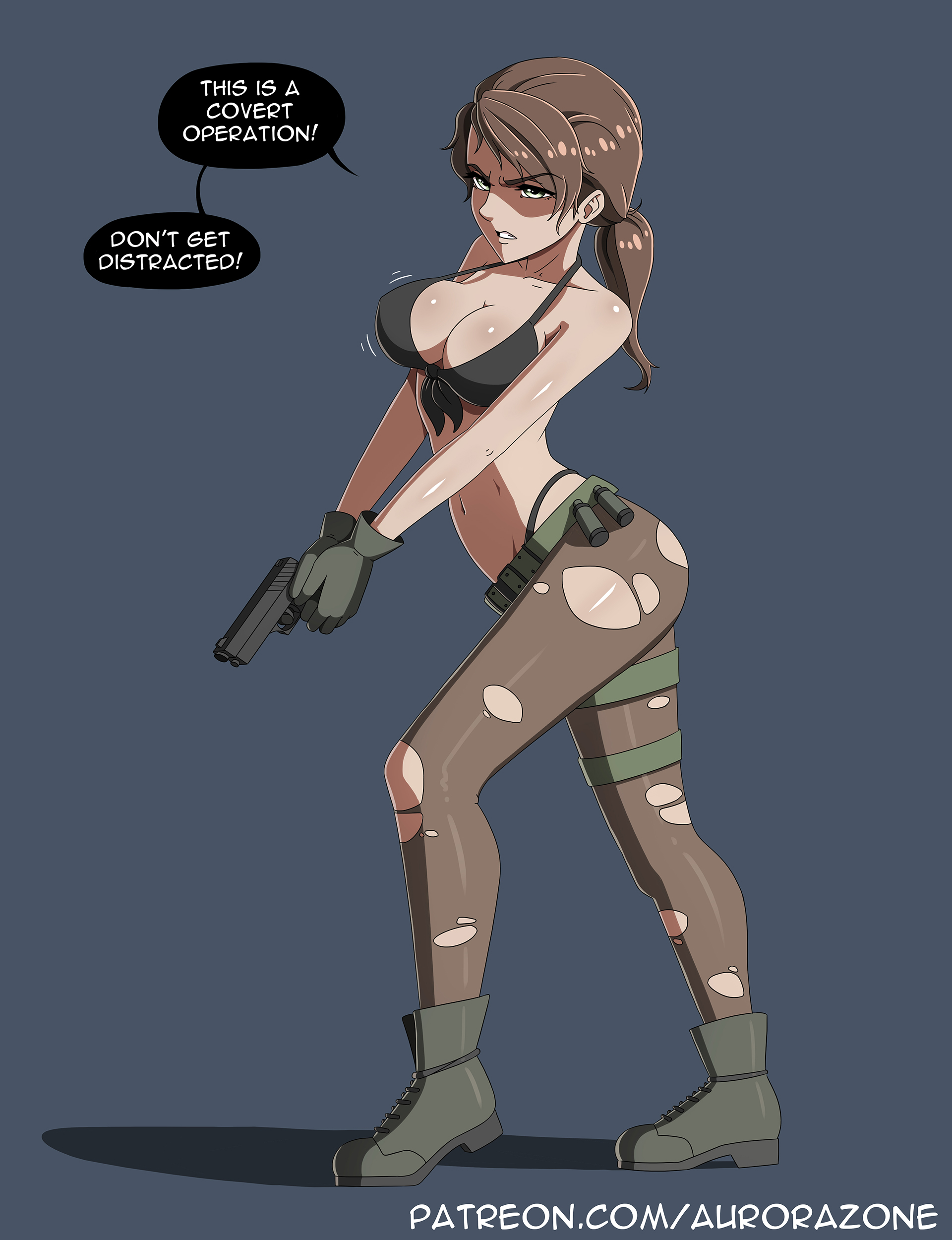 1girls, 2020, aurora-zone, bare midriff, bare shoulders, big breasts, bouncing breasts, breasts, cleavage, english text, female, female focus, female only, gloves, gun, konami, metal gear, ponytail, quiet (metal gear), revealing clothes, skimpy clothes, solo, solo female, speech bubble, tagme, talking to viewer, text, torn stockings