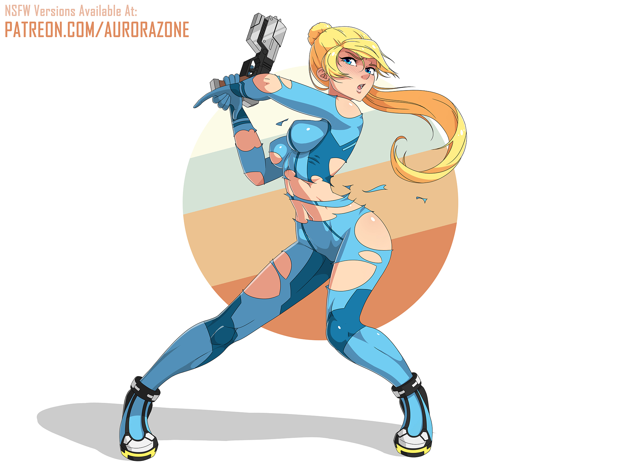1girls, 2021, action pose, aurora-zone, bodysuit, female, metroid, nintendo, samus aran, solo, solo female, tagme, tight clothing, torn bodysuit, torn clothes, zero suit, zero suit samus