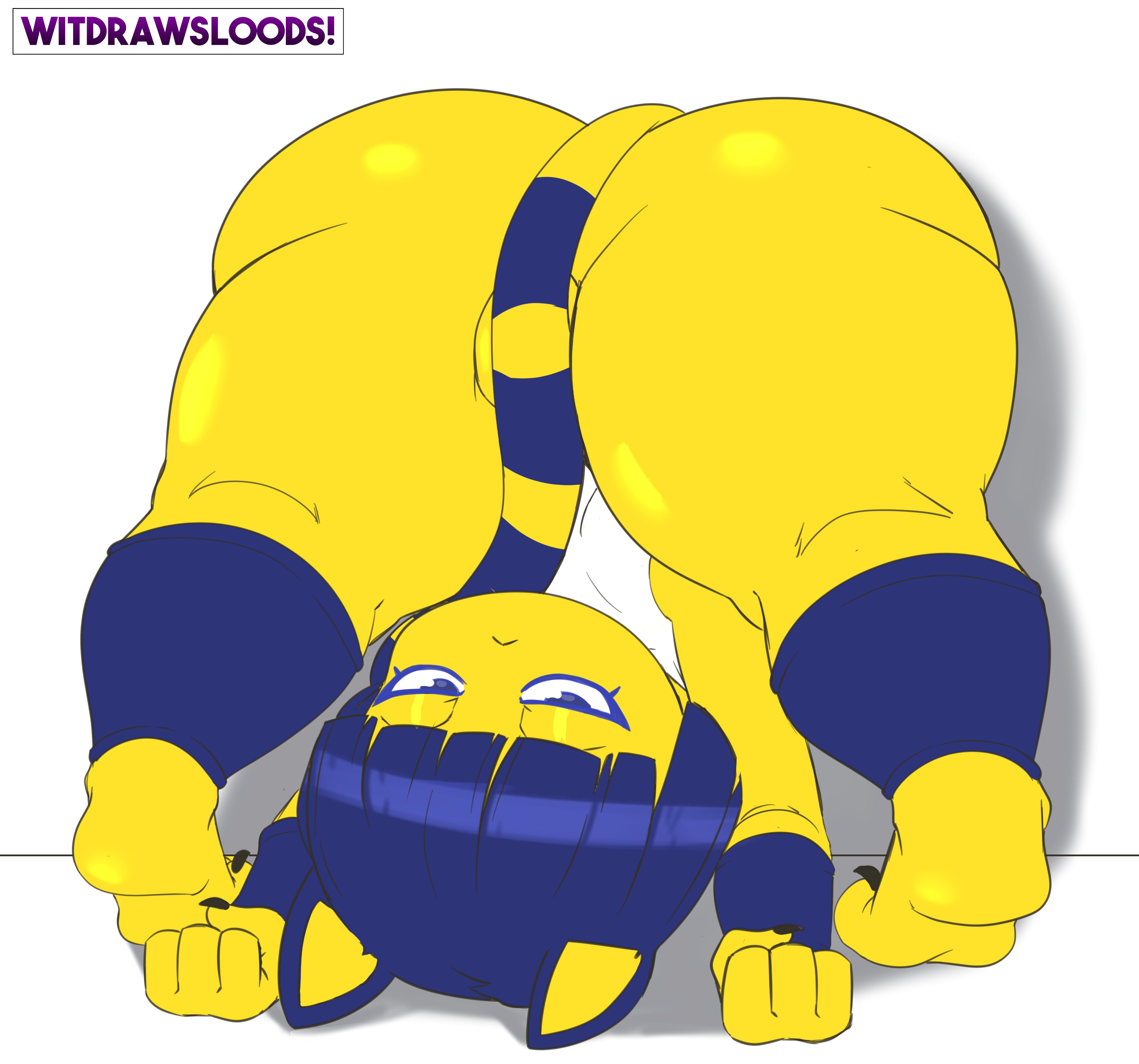 1girls, against wall, animal crossing, animal ears, ankha, anthro, artist name, ass, ass up, barefoot, big ass, blue eyes, blue hair, bottomless, cat ears, cat tail, clenched hand, clenched hands, convenient censoring, domestic cat, felid, feline, felis, female, female only, fur, furry, hi res, highres, huge ass, looking at viewer, looking through legs, mammal, nintendo, simple background, solo, solo focus, spread legs, striped tail, stripes, tail, thick thighs, thighs, upside-down, video games, white background, witdrawsloods, yellow body, yellow fur