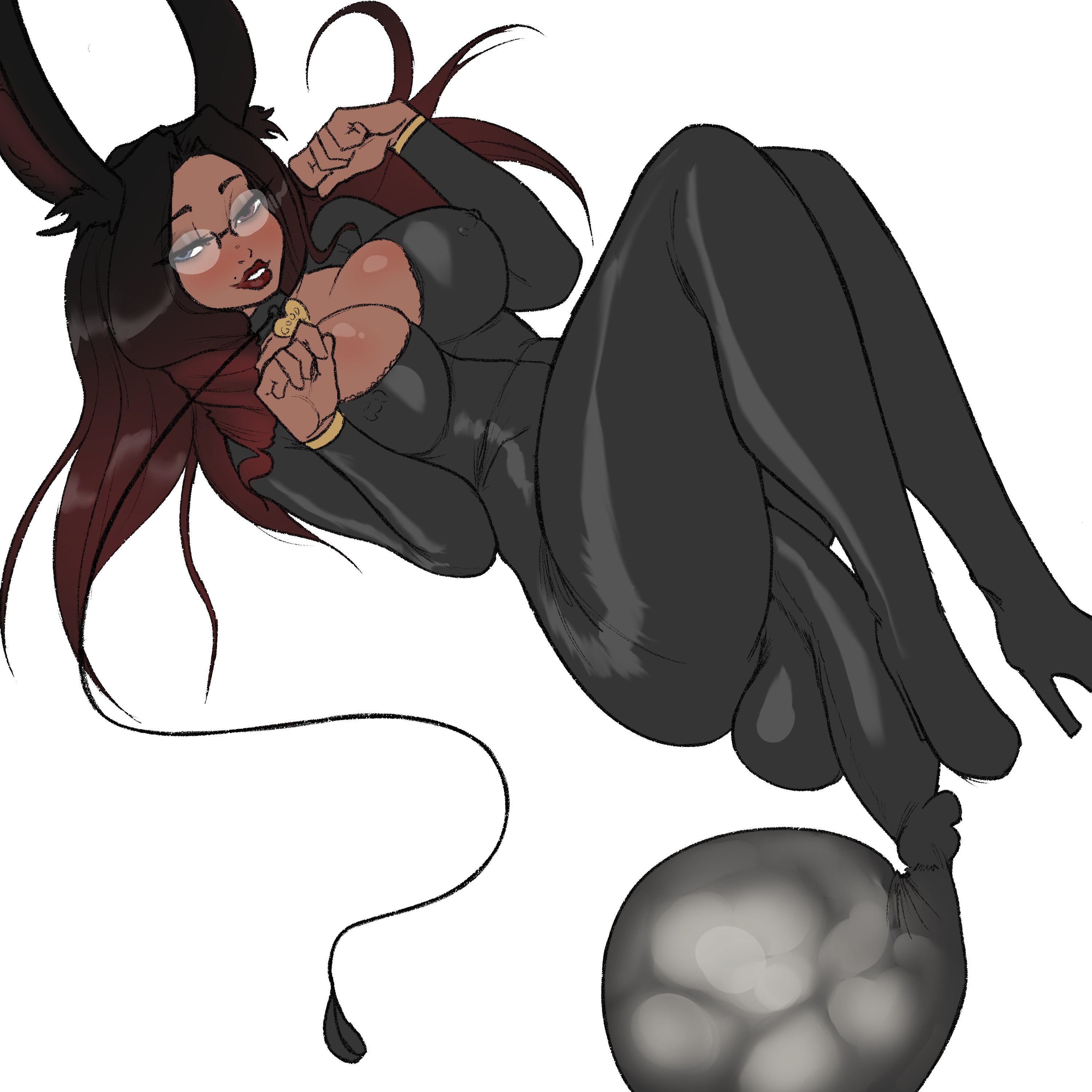 1futa, balls, big balls, big breasts, big penis, bodysuit, breasts, bunny ears, bunny girl, clothed, clothing, cock-tail, condom suit, cum, cum in bodysuit, cum in clothes, dark skin, dark-skinned futa, female, fully clothed, futa only, futanari, glasses, hands-free, high heels, high resolution, humanoid, humanoid penis, intersex, legs up, lipstick, nightpickle, on back, penis, red hair, solo, thick thighs