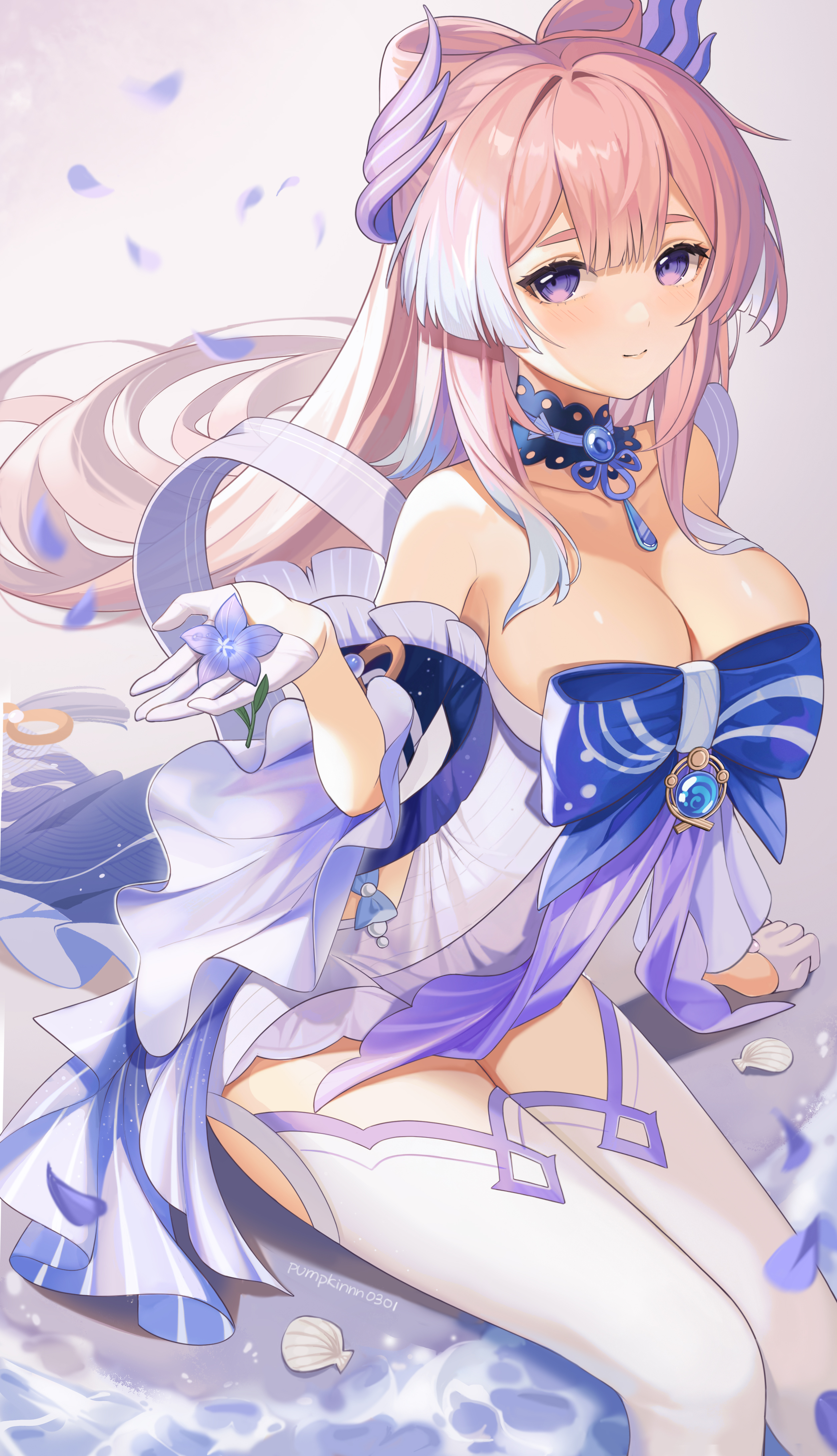 1girls, big breasts, blush, breasts, choker, female, flower, flowers, genshin impact, pink hair, pumpkinnn0301, purple eyes, purple hair, revealing clothes, sangonomiya kokomi, seashell, solo, thick thighs, thighhighs, thighs, tight clothing
