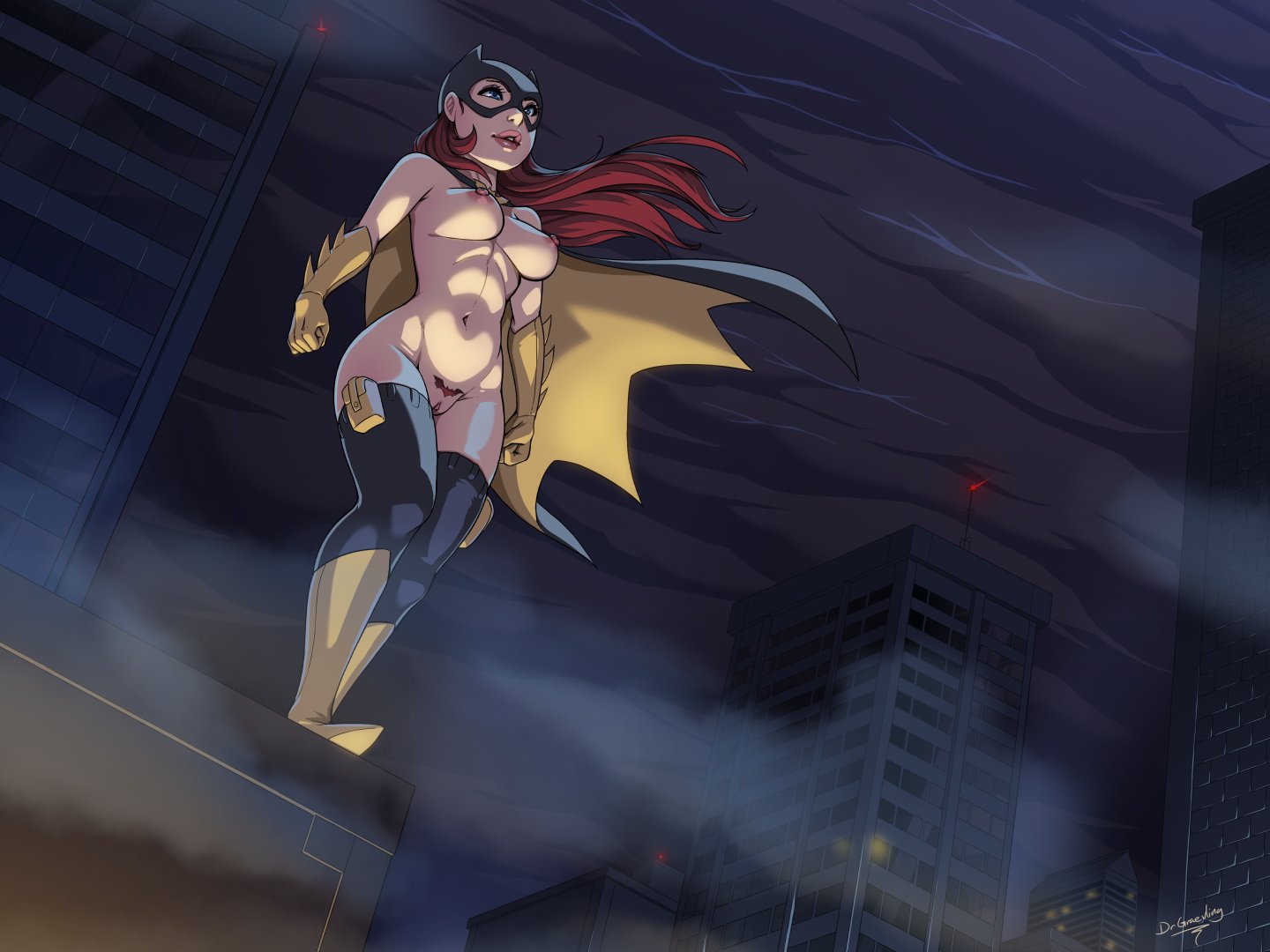 1girls, areolae, barbara gordon, bat print, batgirl, batgirl (barbara gordon), batman (series), blue eyes, boots, breasts, cape, cloak, dc, dc comics, detailed background, dr graevling, female, female only, female pubic hair, gloves, hi res, legwear, long hair, mask, naked footwear, night, nipples, nude, nude female, pubic hair, pussy, red hair, solo, solo female, superheroine, thighhighs, trimmed pubic hair