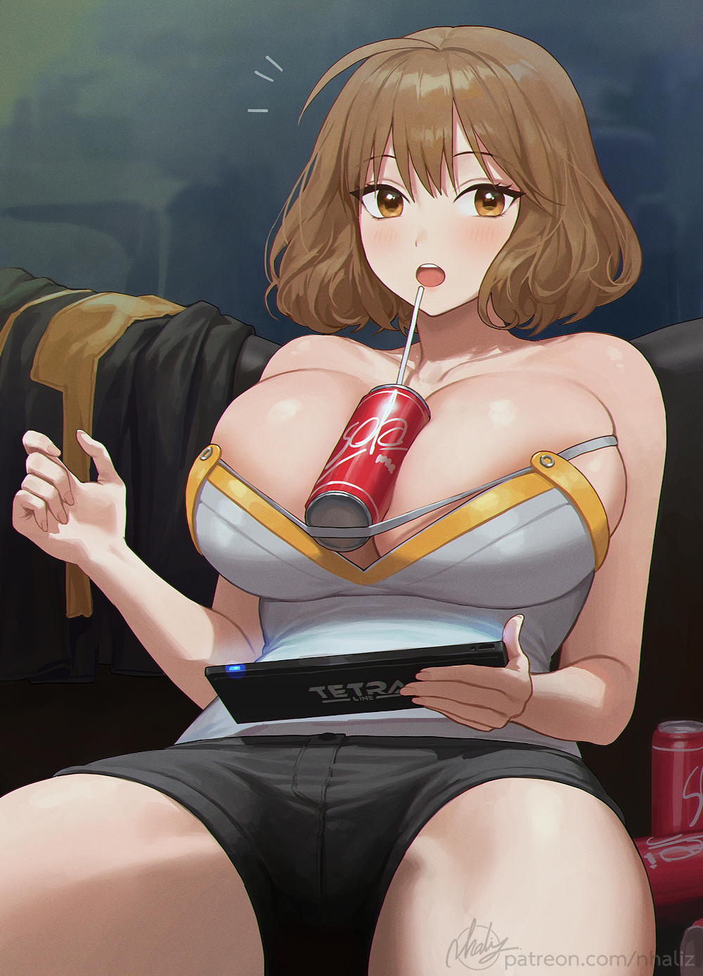 1girls :o anis_(nikke) between_breasts blush breasts brown_hair busty cola drink drinking_straw female gamer_girl goddess_of_victory:_nikke hi_res huge_breasts looking_at_viewer nhaliz on_couch open_mouth plump short_hair shorts sitting surprised thick_thighs