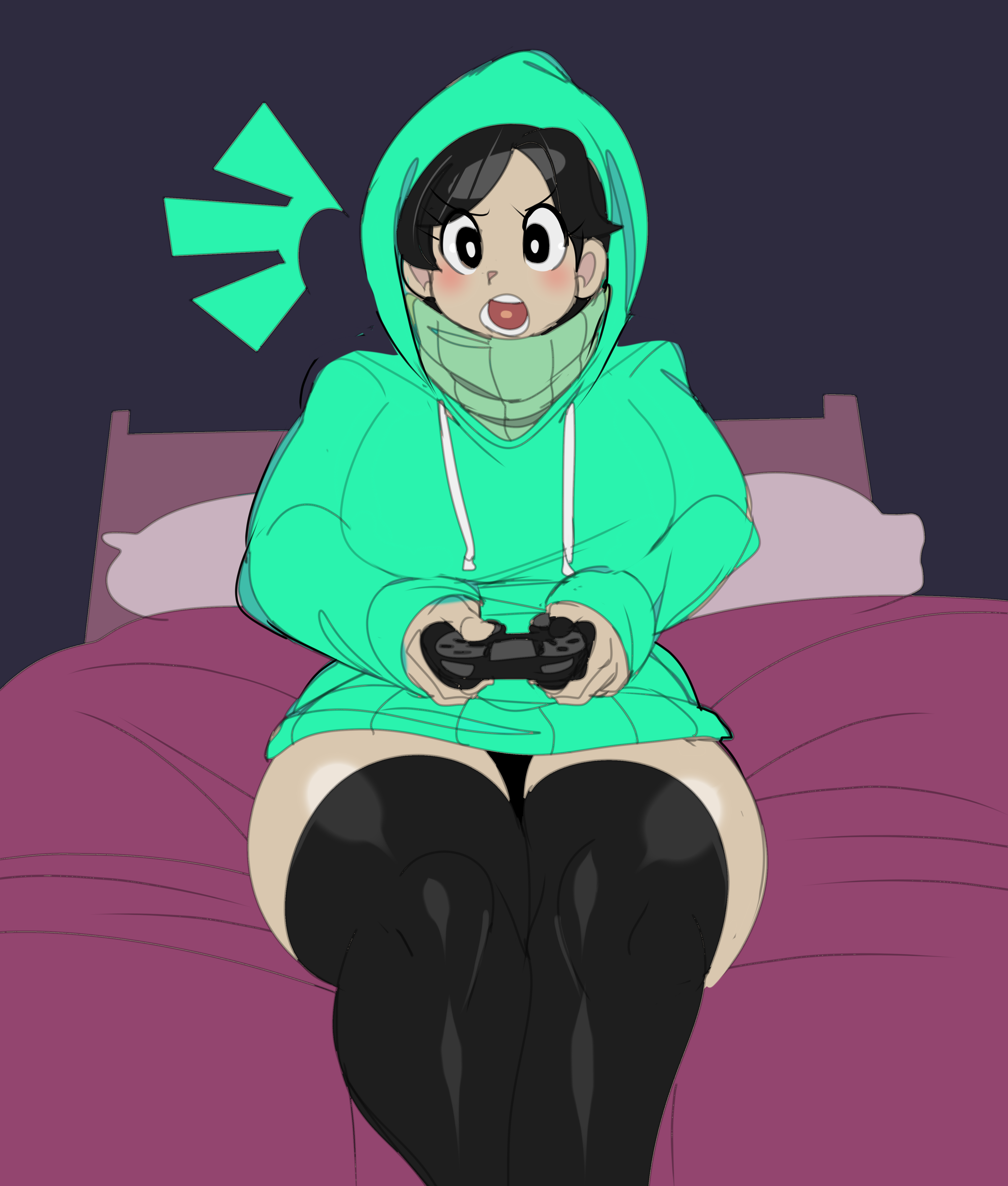 1girls, black hair, captain kirb, captain kirb (sfw), chloe (jadus), controller, facing viewer, female, female focus, female only, hoodie, light skin, light-skinned female, looking at viewer, oc, original, original character, pale skin, pale-skinned female, short hair, simple background, solo, solo female, solo focus, thick thighs, thighhighs, wide hips