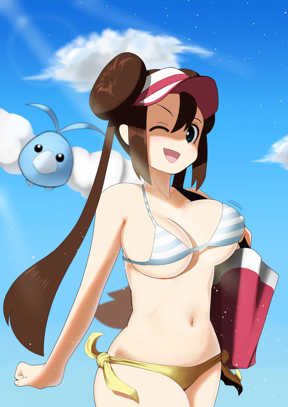 bikini, brown hair, female, long hair, looking at viewer, pokemon, pokemon bw2, rosa (pokemon), shita (yagisauce 07), solo