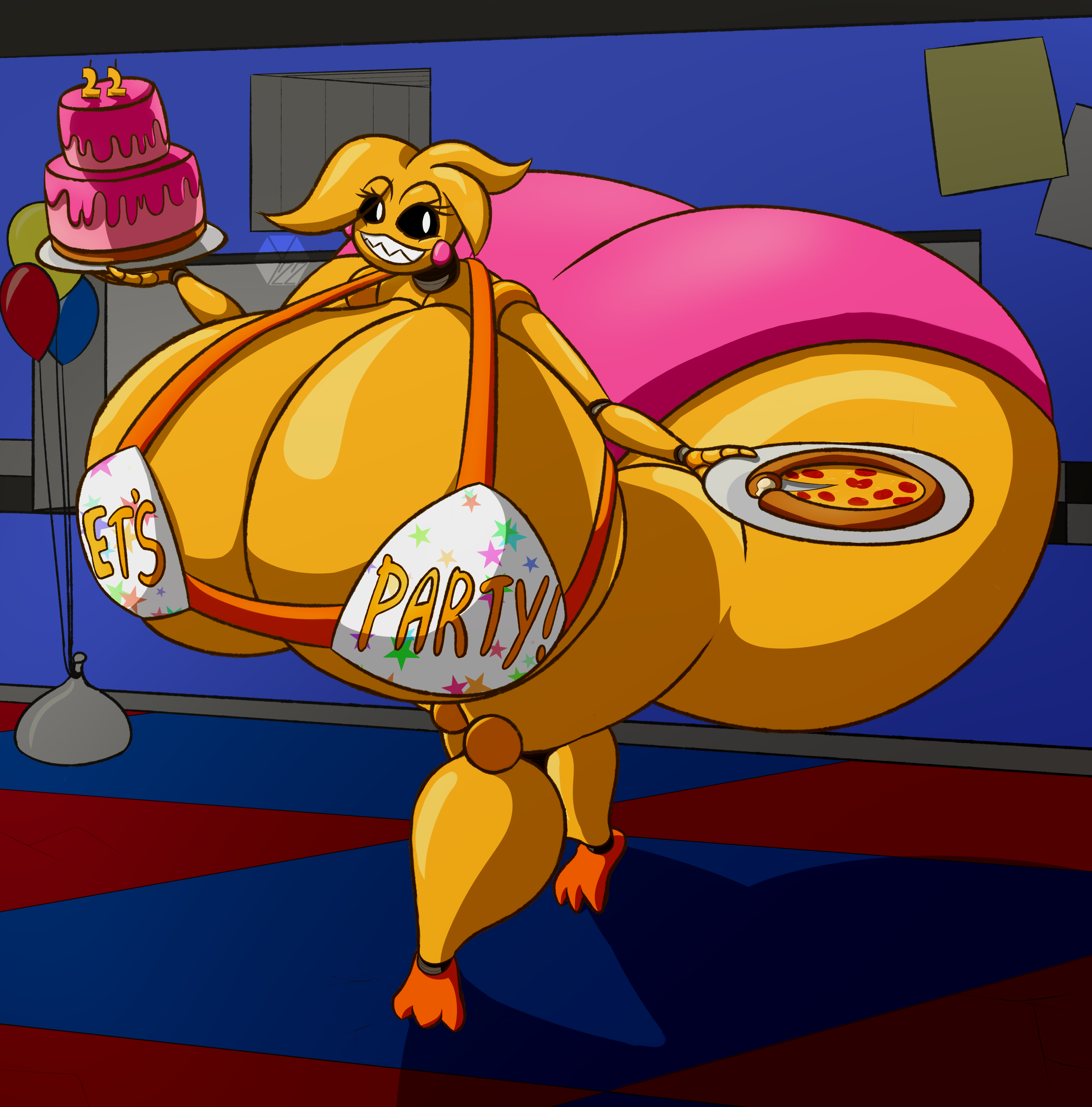 1girls, animatronic, anthro, anthro only, ass, ass bigger than head, bib, big ass, big breasts, bikini, bikini top, black sclera, breasts, breasts bigger than head, cake, chicken, clothed, female, female only, five nights at freddy's, five nights at freddy's 2, gigantic ass, gigantic breasts, hyper, hyper ass, hyper breasts, hyper thighs, massive ass, massive breasts, massive thighs, meat wall (body type), no humans, pink panties, pizza, robot, robot girl, sideass, solo, steelalloy, thunder thighs, toy chica (fnaf), underboob, white pupils, yellow skin