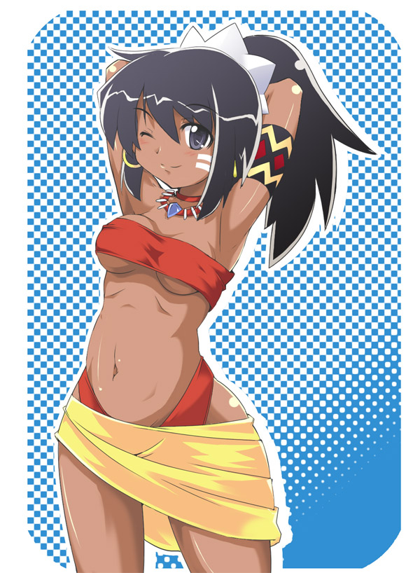 1girls armpits arms_behind_head artist_request atlus bandeau bikini black_hair breasts cleavage clothing cute etrian_odyssey female female_only grey_eyes hips medium_breasts navel necklace one_eye_closed ponytail pose red_bikini shilleka skirt smile solo swimsuit thick_thighs tribal underboob wink