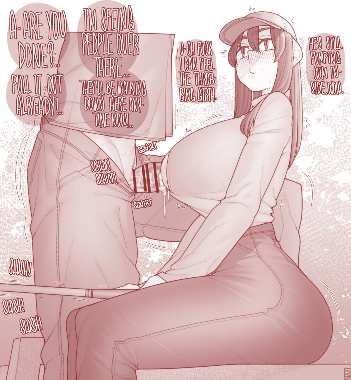 1boy 1girls black_hair blush breasts censored cum cum_on_body cum_on_breasts dialogue ekz english_text female fishing fishing_rod hands-free_paizuri highres huge_breasts long_hair paizuri penis perpendicular_paizuri sitting sound_effects speech_bubble sweat text