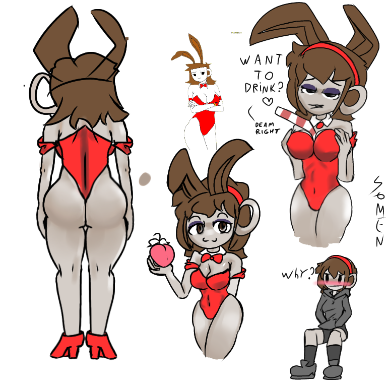 1girls ashamed big_ass big_breasts blushmarks brown_eyes brown_hair bunny_ears bunnysuit coffe_chan coffee_cup cuphead_(game) dialogue doodle fan_character looking_at_viewer portuguese_text red_suit somen text