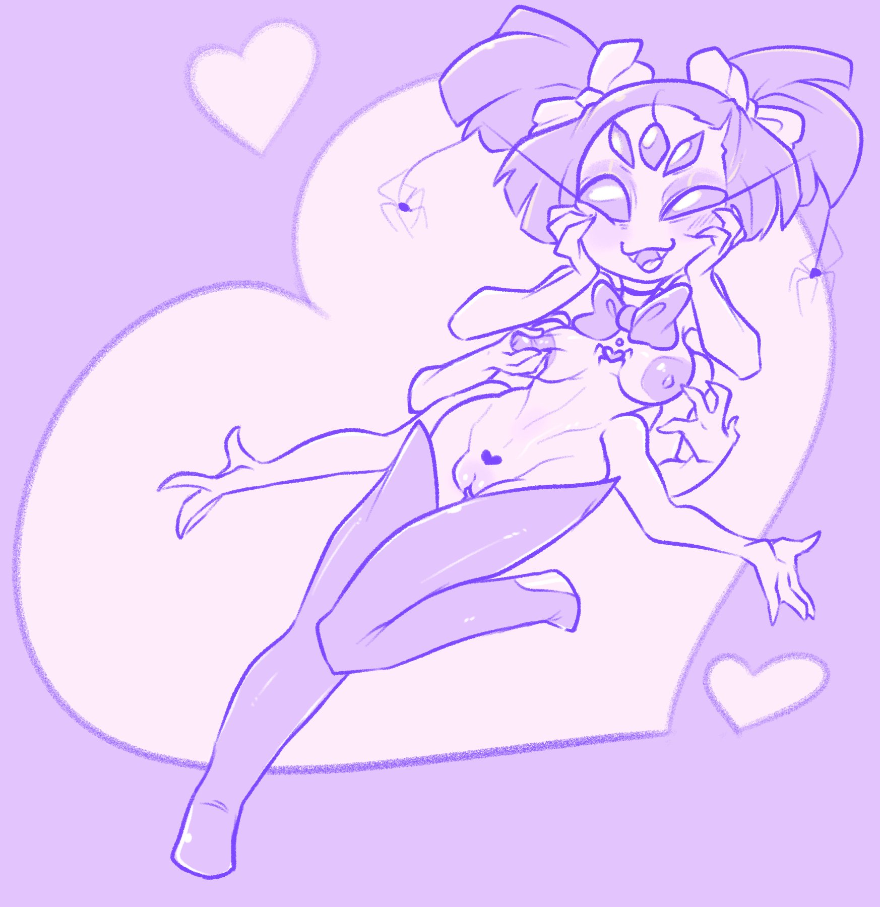 :3, 1girls, 2021, 5 eyes, 6 arms, aipeco18, animal humanoid, arachnid, arachnid humanoid, arthropod, arthropod humanoid, bow tie, breasts, clothing, female, female only, genitals, hand on breast, hand on face, hi res, humanoid, legwear, monochrome, mostly nude, muffet, multi arm, multi eye, multi limb, nipple fetish, nipple pinch, nipple play, nipples, pinch, purple theme, pussy, solo, spider humanoid, tagme, thigh highs, twintails, undertale, undertale (series), video games