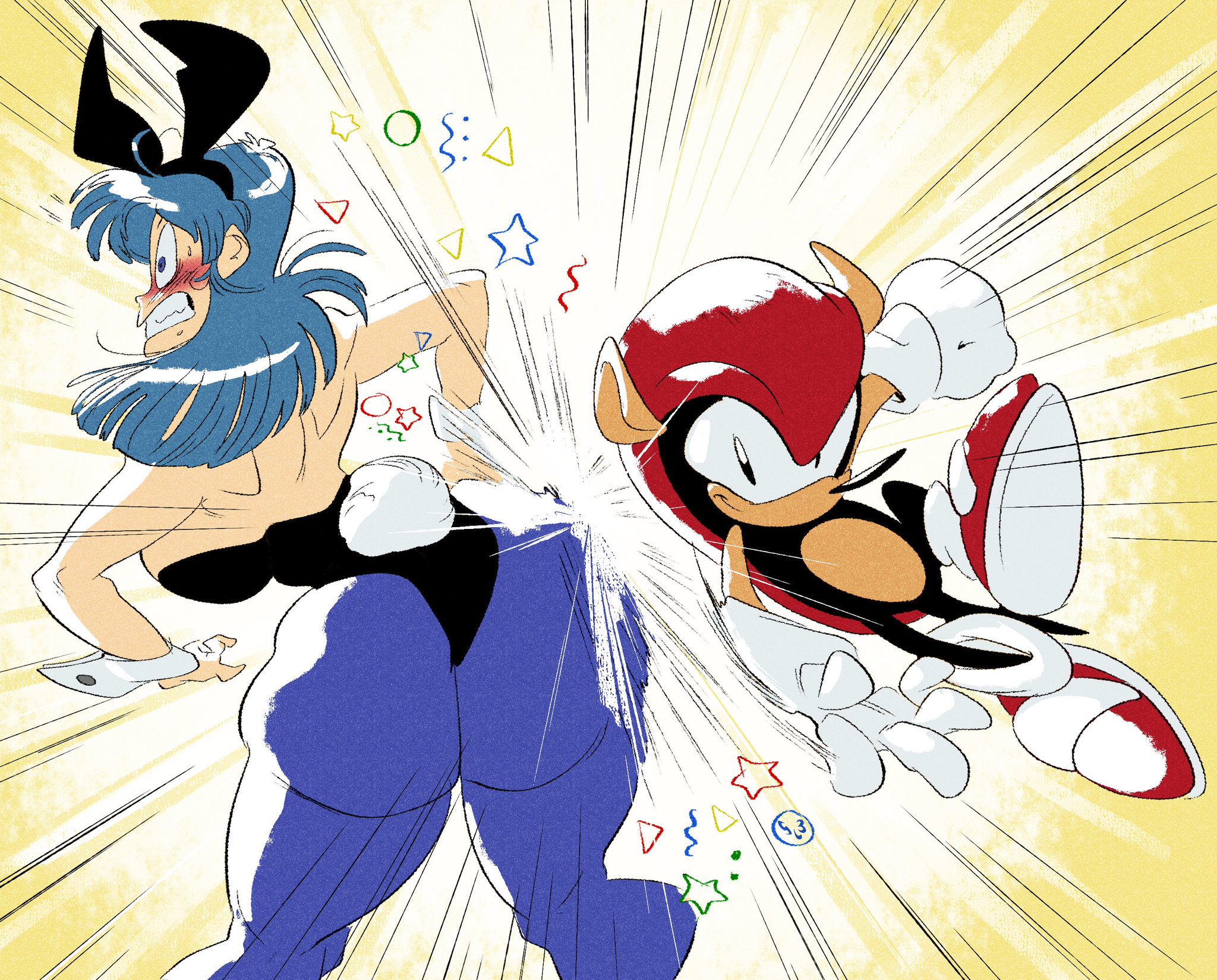 1boy, 1girls, 2021, ass, big ass, blush, bulma (bunny), bulma briefs, bunny girl, bunnysuit, clenched teeth, crossover, curtains, curvaceous, curvy, curvy body, curvy female, dragon ball, female, huge ass, human, male, mighty the armadillo, mobian (species), sega, shocked, shocked expression, shounen jump, slap, slapping ass, slapping butt, slb, smacking ass, sonic (series), tagme