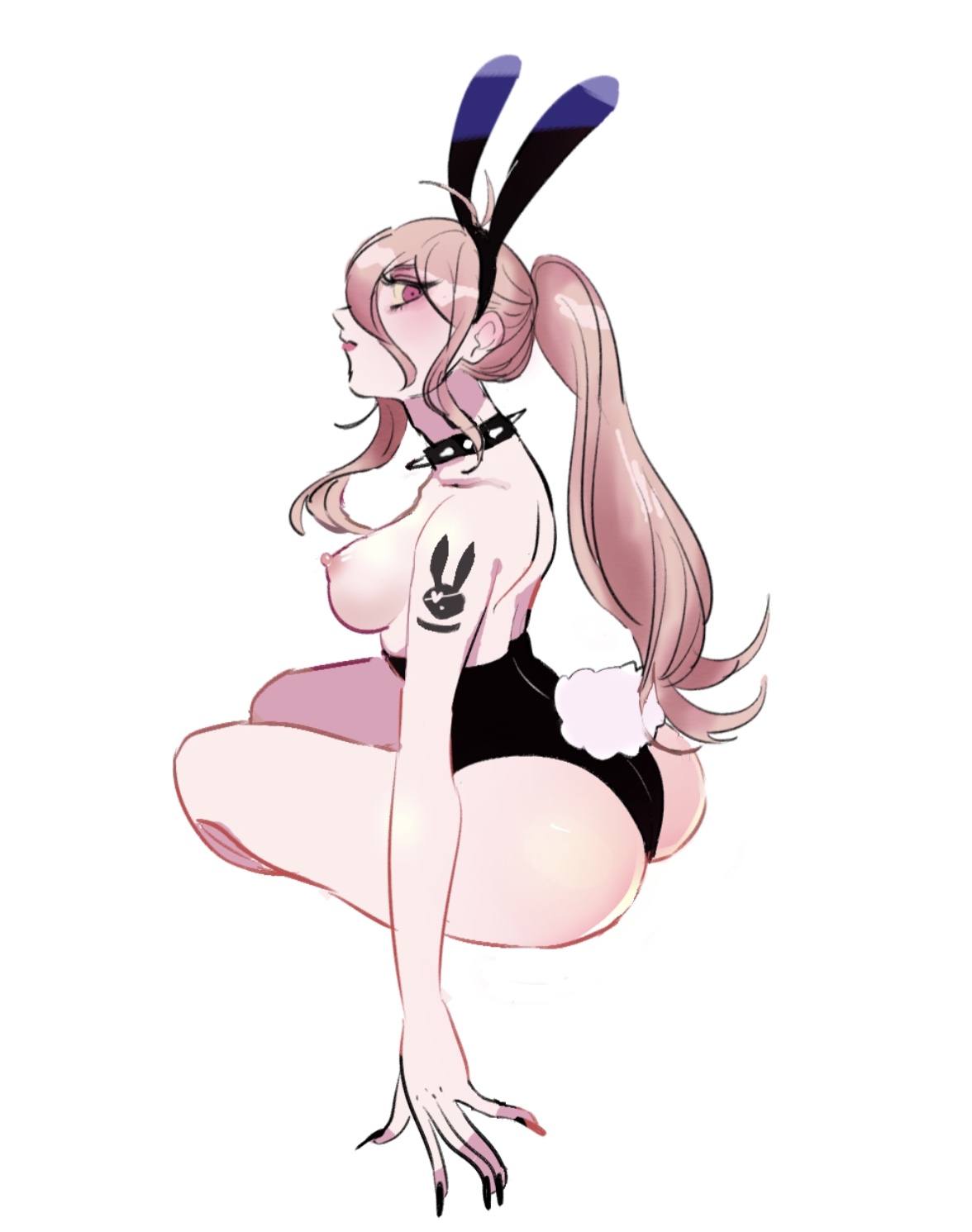 1girls, arched back, ass, big ass, breasts, breasts out, bunny ears, bunny girl, bunny tail, bunnysuit, choker, color, danganronpa, danganronpa v3, female, female focus, female only, iruma miu, kgr2019, lipstick, long nails, looking at viewer, nipples, painted nails, pale skin, pink eyes, pink nipples, ponytail, side view, sideboob, solo, solo focus, straight hair, strawberry blonde hair, tattoo, tied hair, uncensored, white background
