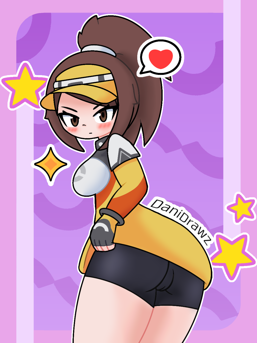 alternate_version_available annoyed ass big_ass big_butt bike_shorts black_shorts brown_eyes brown_hair character_request danidrawz latex latex_thighhighs pokemon pokemon_trainer pokemon_unite ponytail shorts white_skin