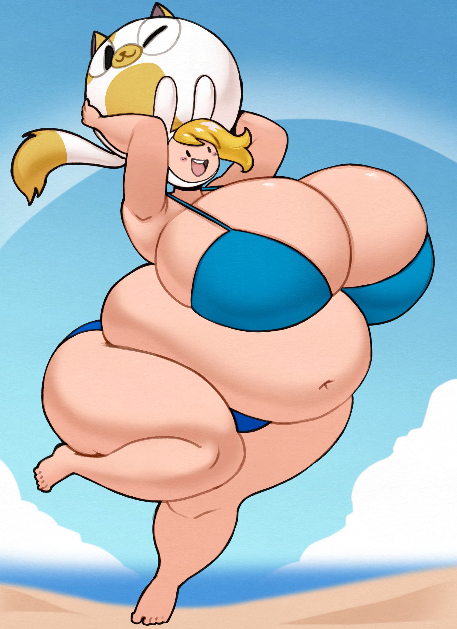adventure time, ass, beach, big ass, big belly, big breasts, blonde hair, breasts, clothing, female, fionna the human girl, huge belly, huge breasts, overweight, overweight female, swimsuit, thick thighs, wide hips
