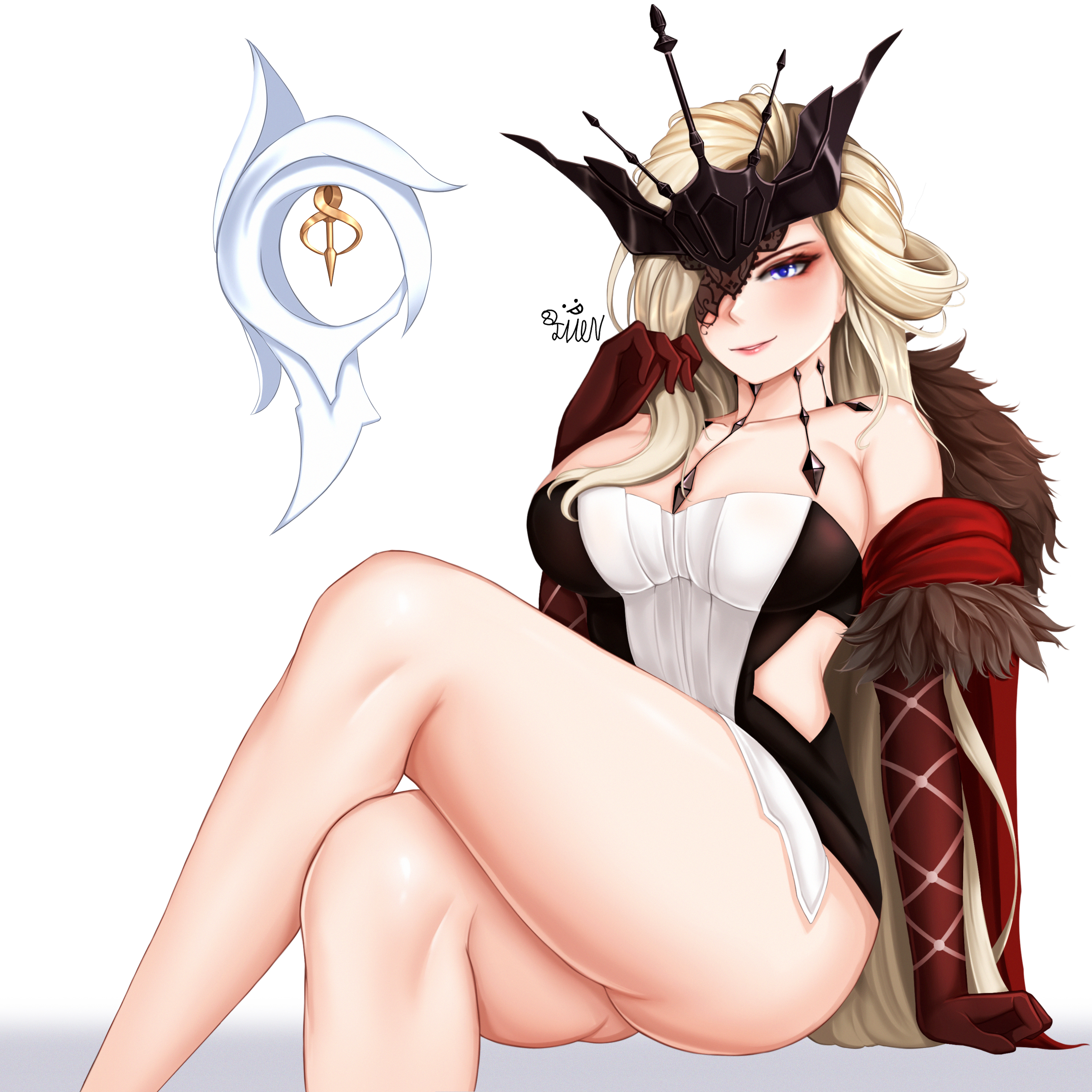 1girls, 82jhin, ass, big breasts, blue eyes, breasts, dress, female, female only, genshin impact, gloves, large breasts, long gloves, long hair, one eye covered, short dress, signora (genshin impact), sitting, solo, solo female, thick, thick ass, thick thighs, voluptuous