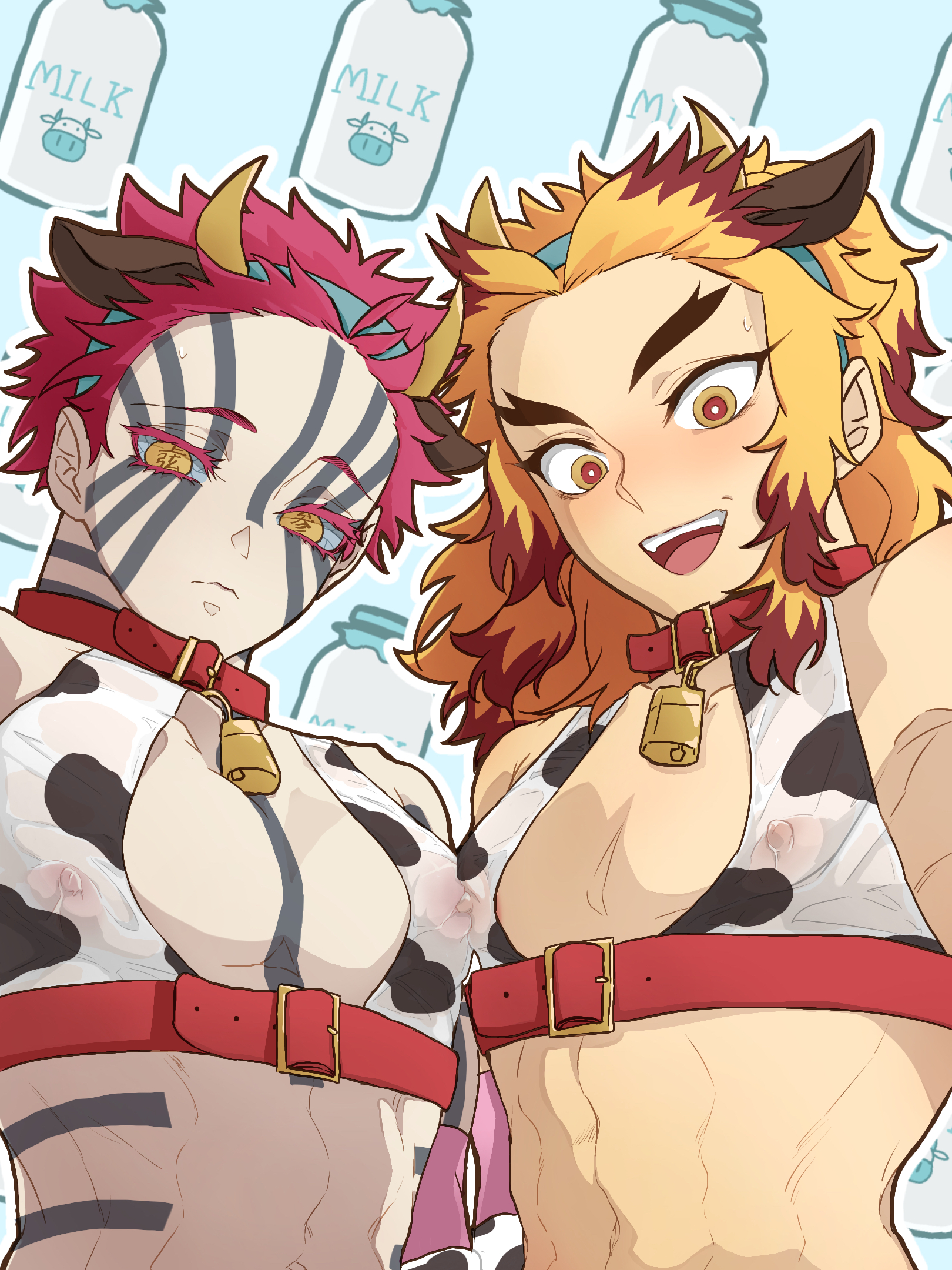 2boys, akarenaka4545, akaza (kimetsu no yaiba), alternate costume, ambush (trap), blonde hair, blue sclera, blush, body markings, cleavage cutout, collar, cow boy, cow ears, cow horns, cow print, cowbell, crop top, demon slayer, facial markings, kimetsu no yaiba, male, male only, muscles, muscular, nipples touching, nipples visible through clothing, open mouth, pink hair, rengoku kyoujurou, two-tone hair, upper body, wet clothes, white skin, yellow eyes
