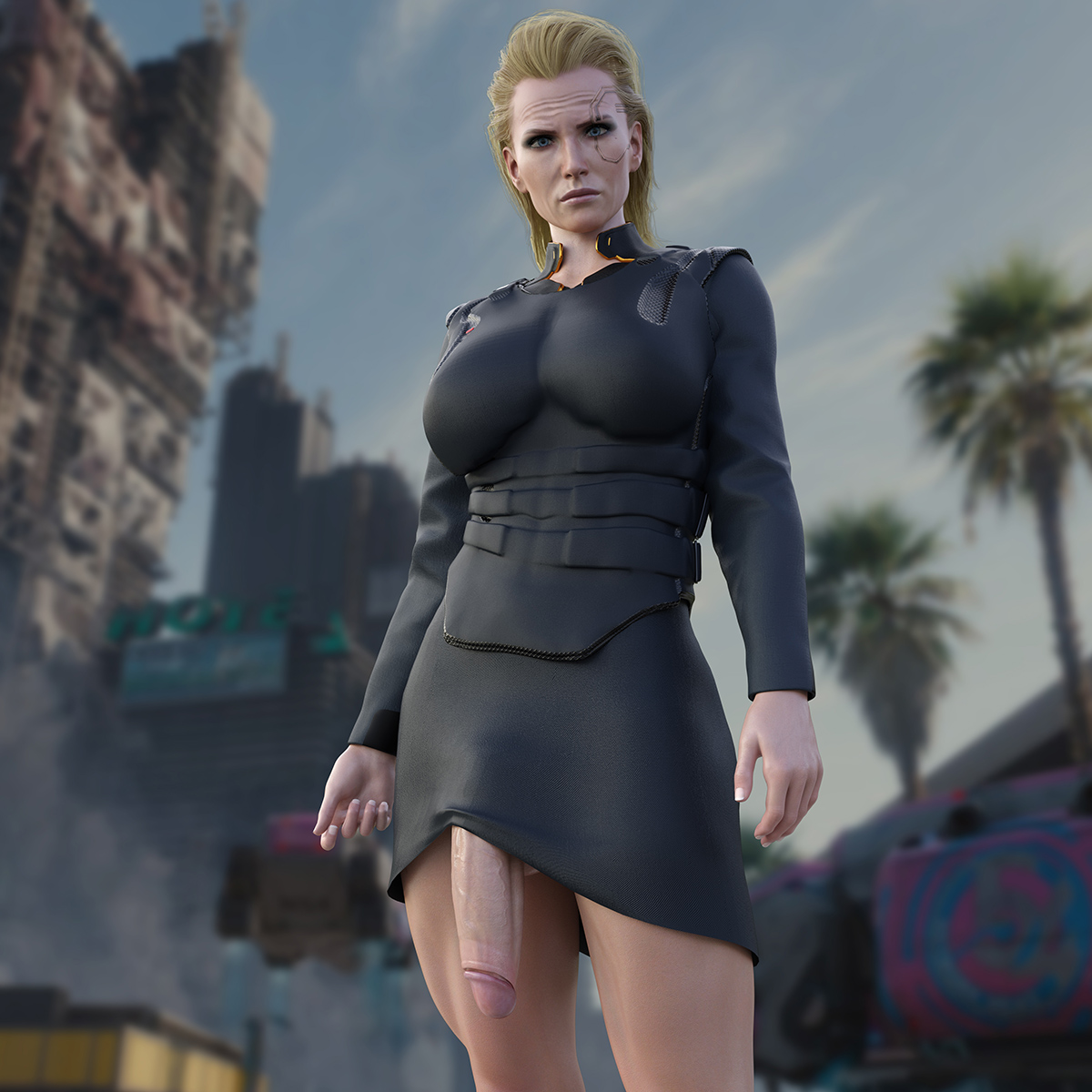 1futa, 3d, balls, balls under clothes, blender, blonde hair, blue eyes, bottomless skirt, breasts, business suit, business woman, cyberpunk 2077, flaccid, futa only, futanari, huge cock, intersex, large breasts, large penis, light skin, light-skinned futa, meredith stout, military, miniskirt, nordfantasy, penis, penis out, penis under clothes, penis under skirt, skirt, skirt lift, solo, wide hips