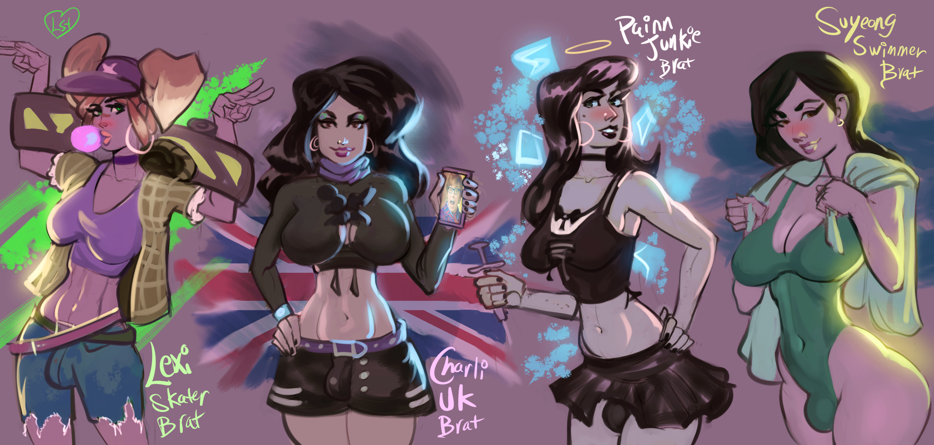 4futas, balls, big balls, breasts, clothed, clothing, flag, fully clothed, futa only, futa with futa, futanari, girly, goth, green eyes, human, intersex, light skin, light-skinned futa, lineup, lovelysquishythings, navel, pale skin, penis, penis size difference, standing, swimsuit, text, thick thighs, white skin, wide hips